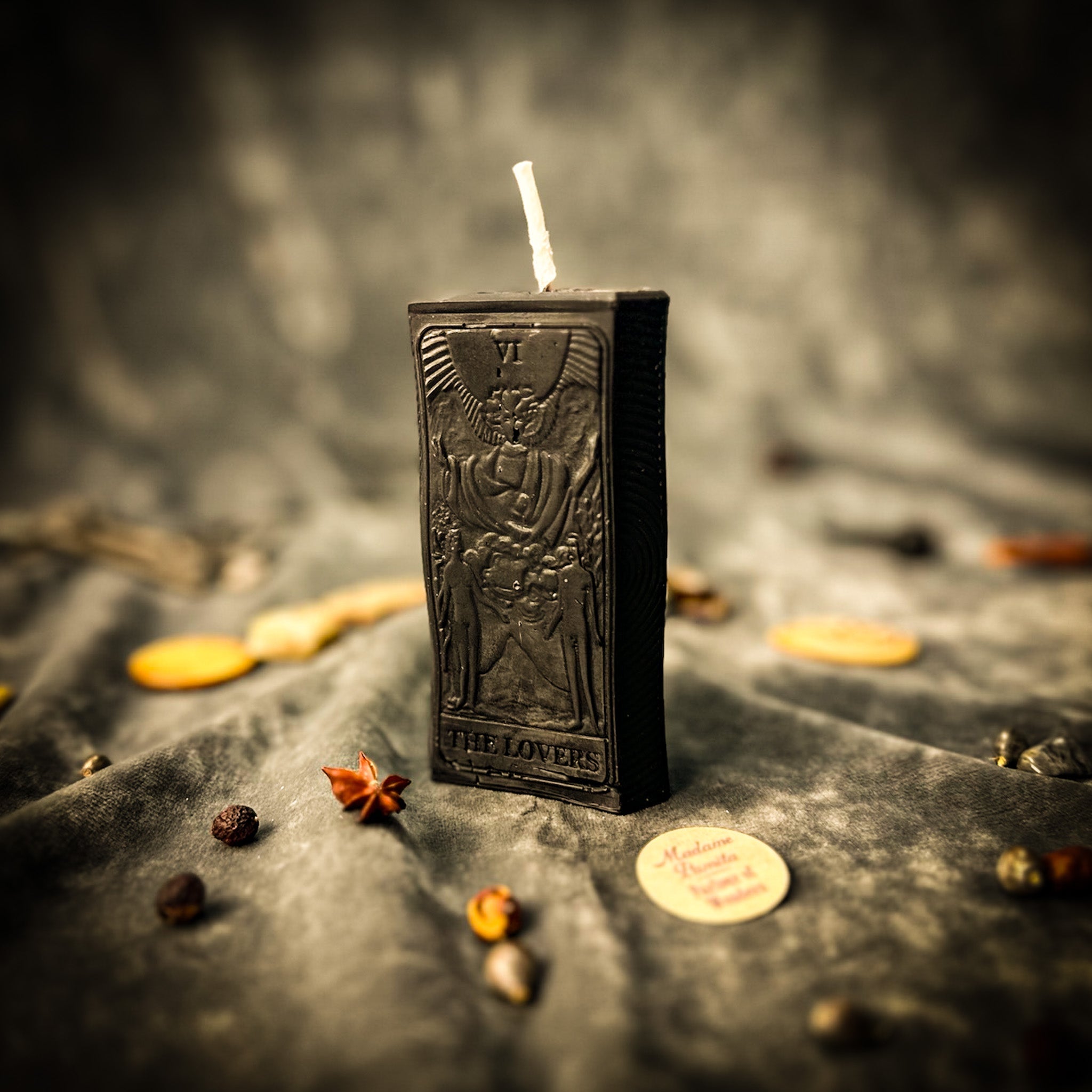 Parlour of Wonders Lovers Candle Spell Kit with orange candles for love and harmony magic, featuring symbols and ritual tools.
