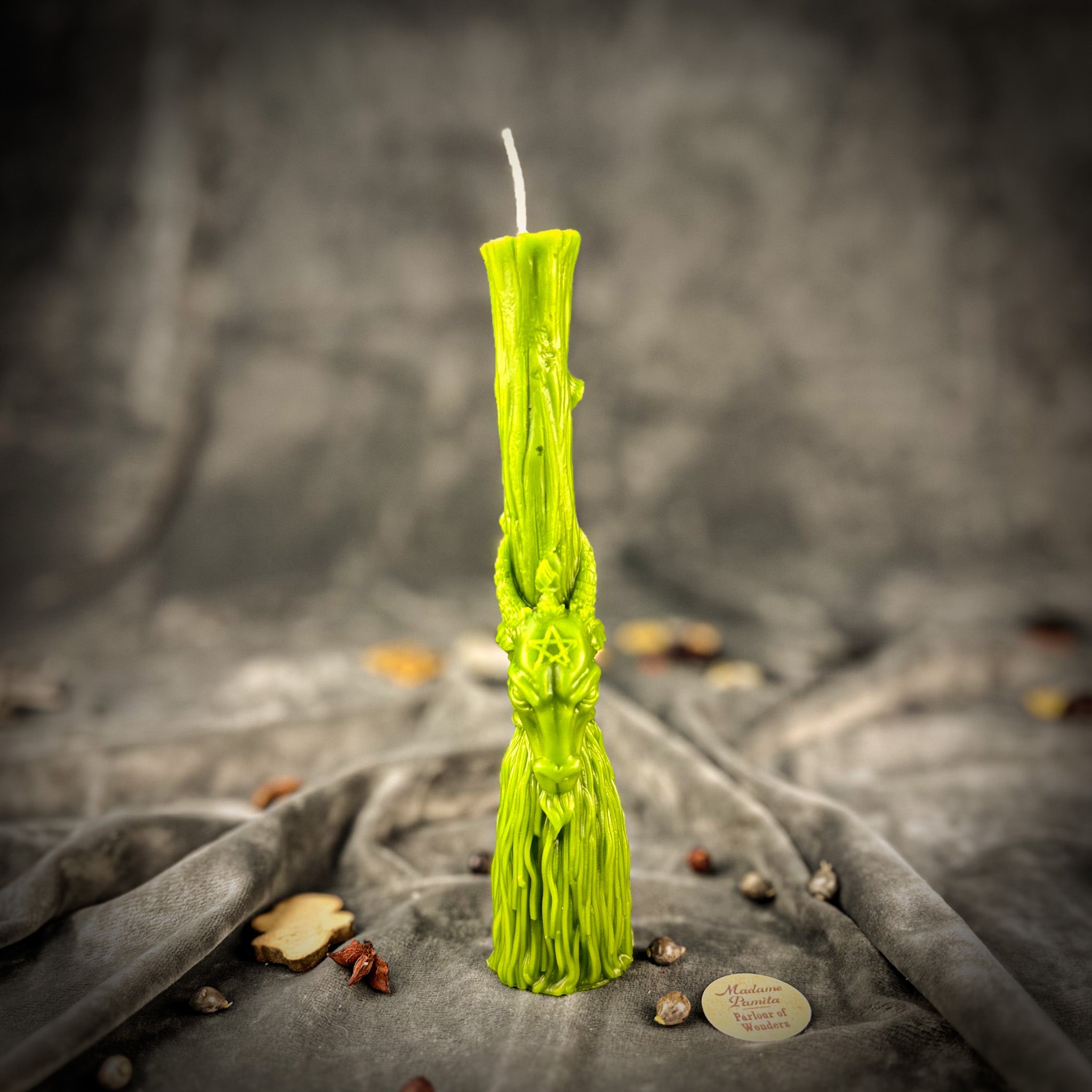 Sacred Goat Broom Candle Spell Kit from Parlour of Wonders with orange candles for banishing and protection rituals.