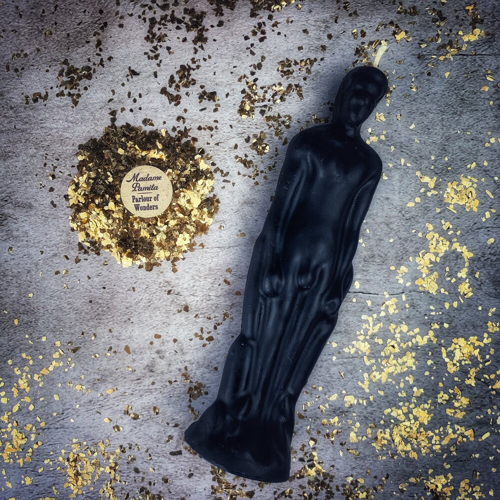 Pink male figural candle from Parlour of Wonders Candle Spell Kit for sympathetic magic and personal power rituals.