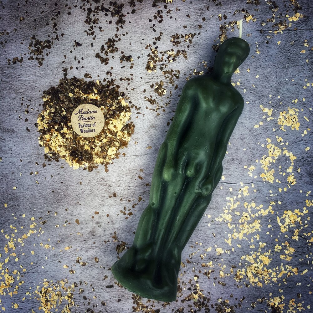 Pink male figural candle from Parlour of Wonders Candle Spell Kit for sympathetic magic and personal power rituals.