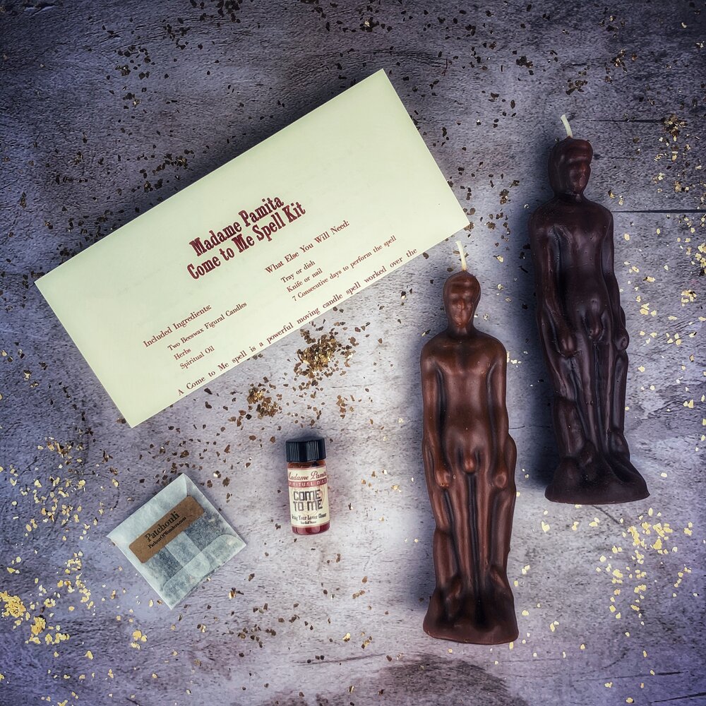 Parlour of Wonders Come to Me Candle Spell Kit for male/male love and passion, featuring purple candles and ritual tools.
