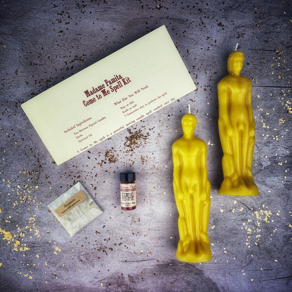 Purple Come to Me Candle Spell Kit for male/male love and passion attraction, featuring candles and ritual tools from Parlour of Wonders.
