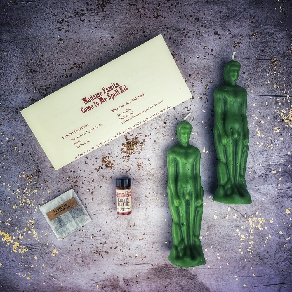 Purple Come to Me Candle Spell Kit for male/male love and passion from Parlour of Wonders, includes candles and spell components.