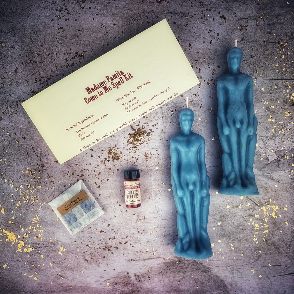 Purple candle spell kit for male/male love and passion attraction, with ritual tools from Parlour of Wonders.