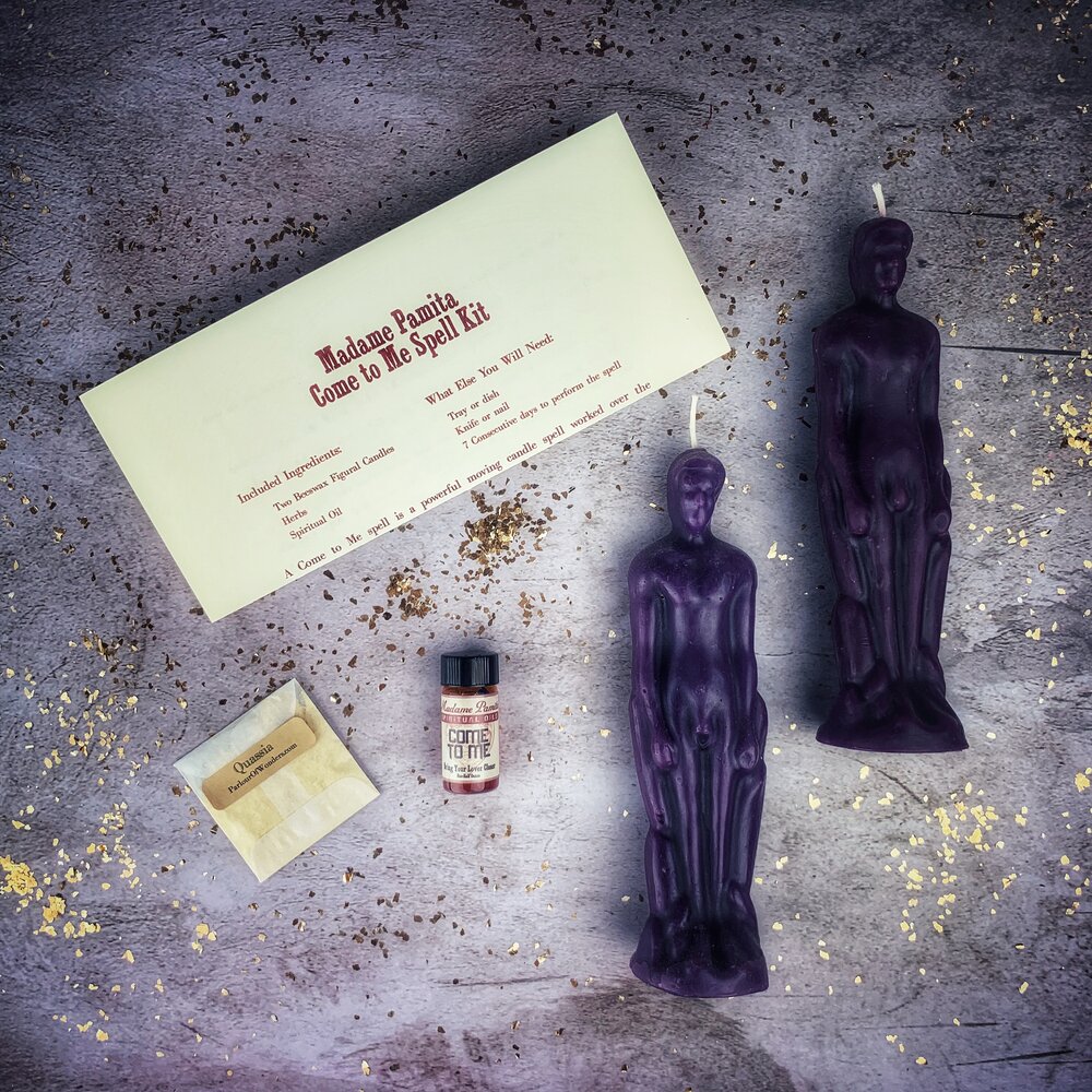 Purple Come to Me Candle Spell Kit for Male/Male love and passion attraction, with candles and ritual tools by Parlour of Wonders.