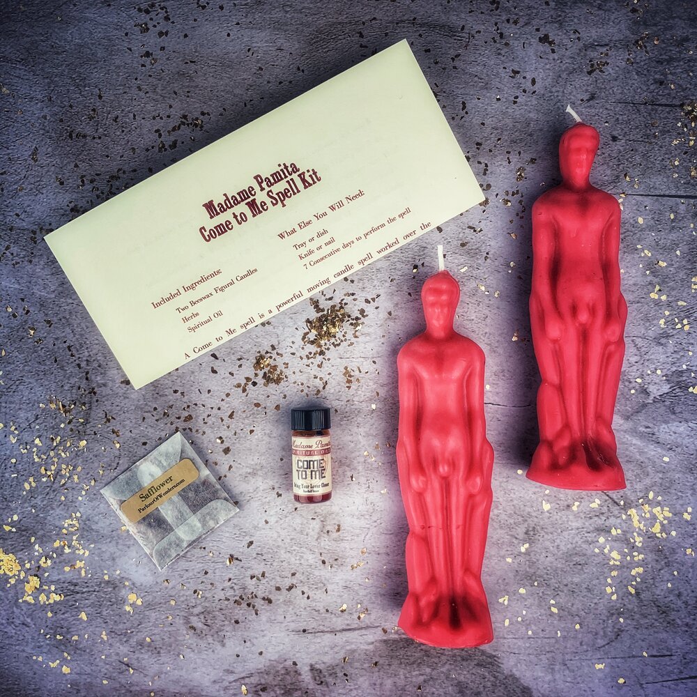 Purple Come to Me Candle Spell Kit for Male/Male by Parlour of Wonders, featuring candles and tools to attract love and passion.
