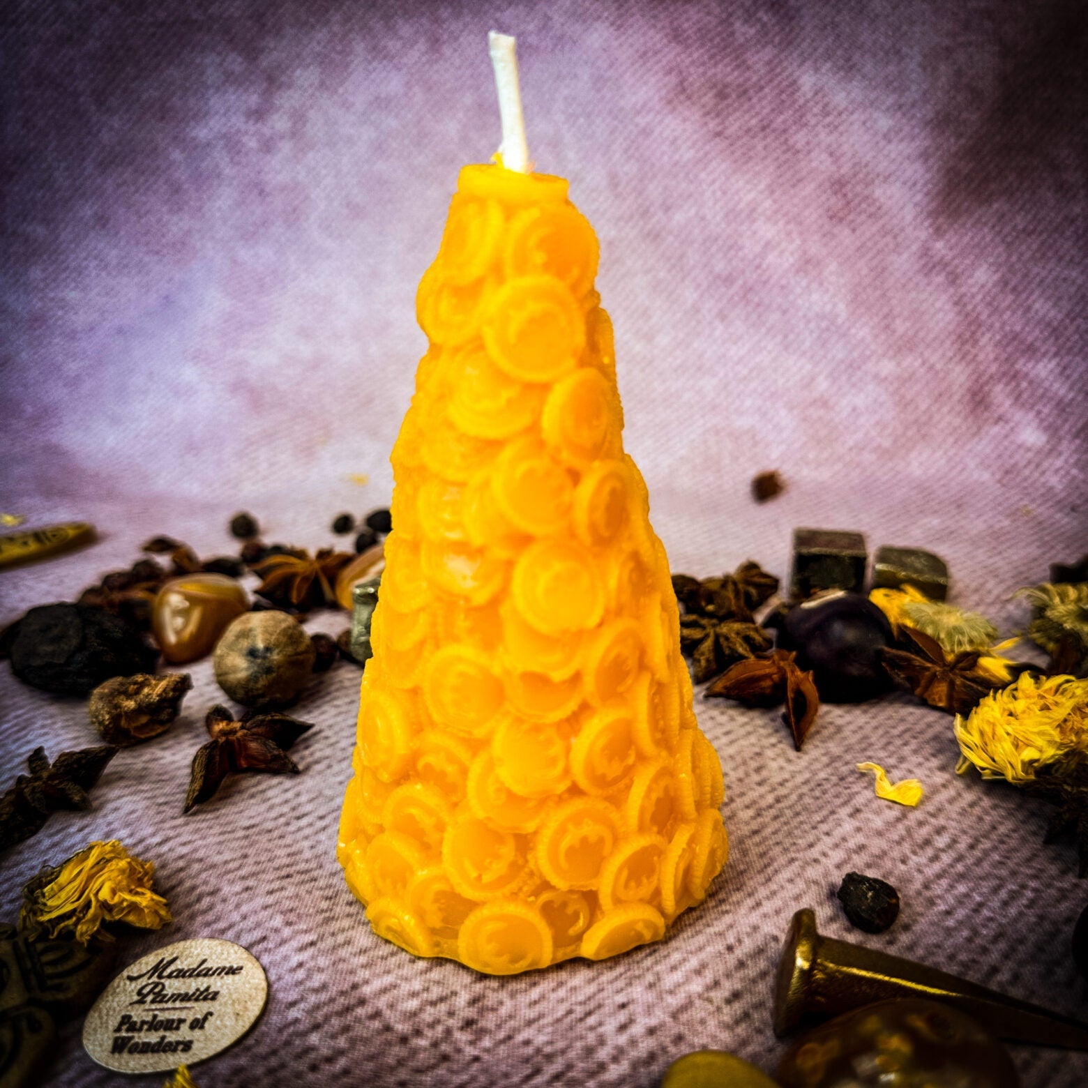 Red Cone of Coins Candle Spell Kit by Parlour of Wonders for money attraction and prosperity magic, with candles and spell components.