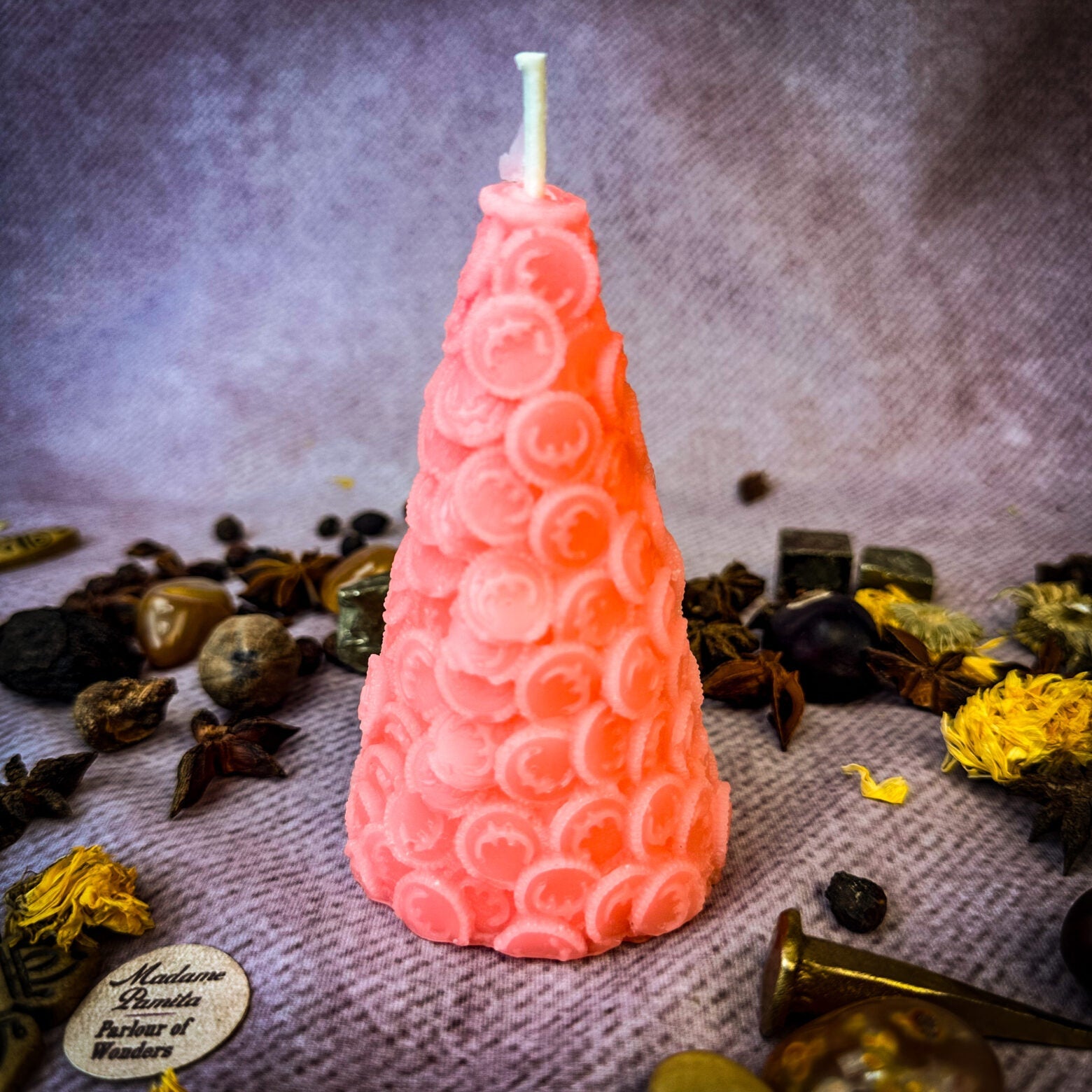 Red Cone of Coins Candle Spell Kit by Parlour of Wonders for money attraction and prosperity magic, featuring candles and spell components.