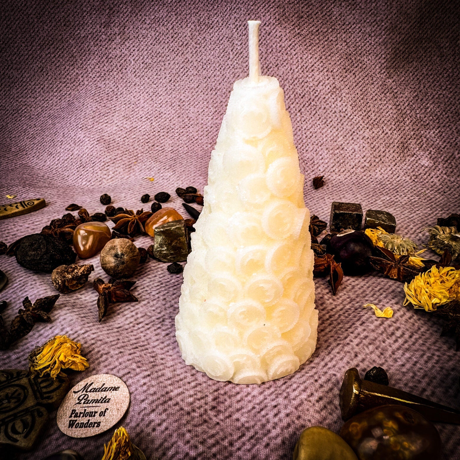 Red Cone of Coins Candle Spell Kit by Parlour of Wonders for money attraction and prosperity magic, with candles and herbs.
