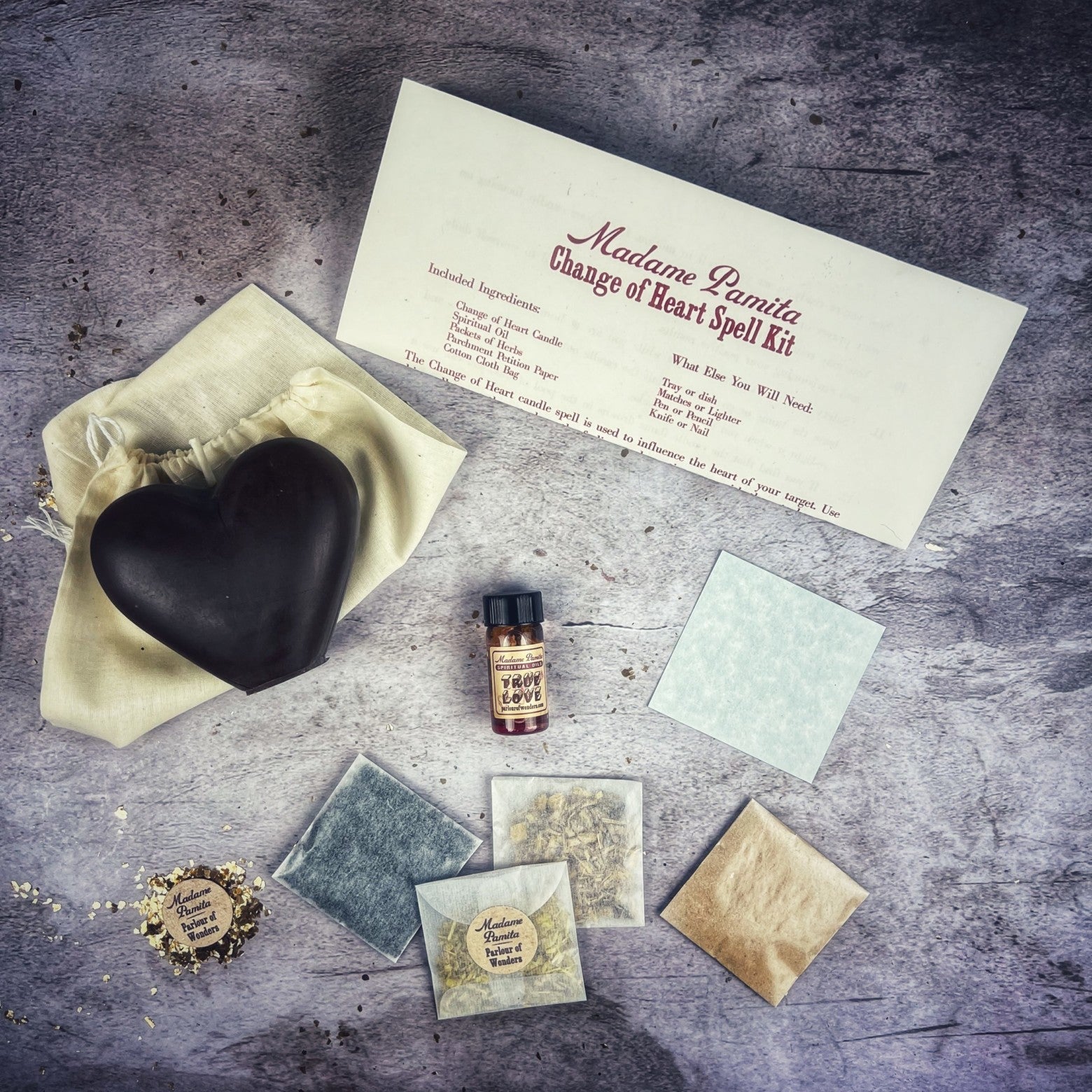 Red Passion Change of Heart Candle Spell Kit by Parlour of Wonders, including candles and tools for love reconciliation and emotional healing.