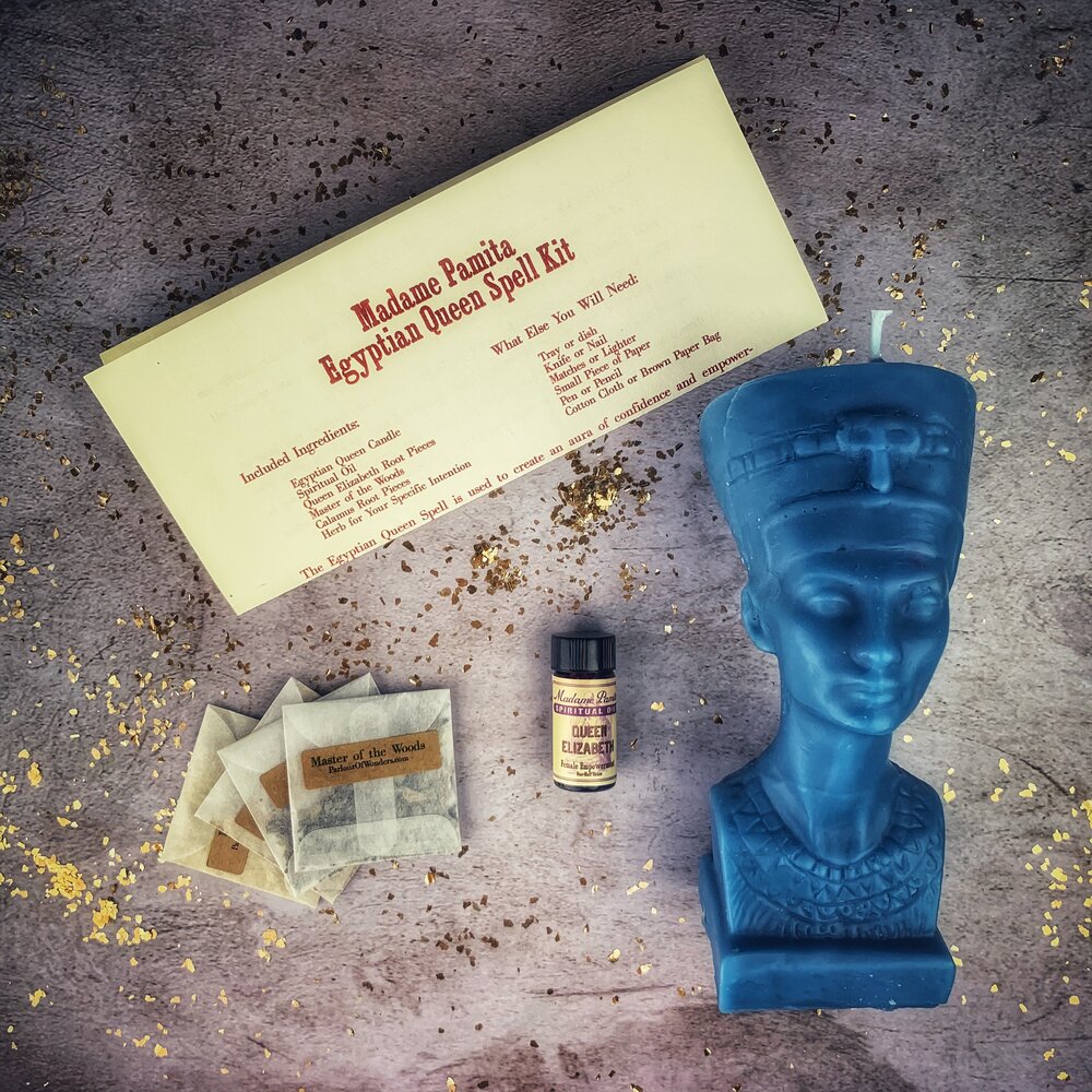 Egyptian Queen Candle Spell Kit by Parlour of Wonders featuring red passion candles for power, beauty, and magnetism magic.