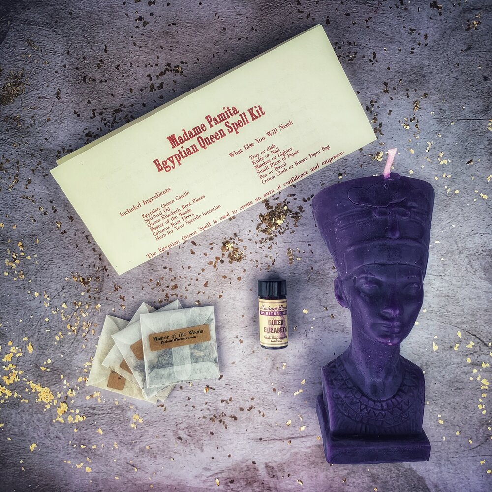 Egyptian Queen Candle Spell Kit by Parlour of Wonders featuring red passion candles for power, beauty, and magnetism magic.