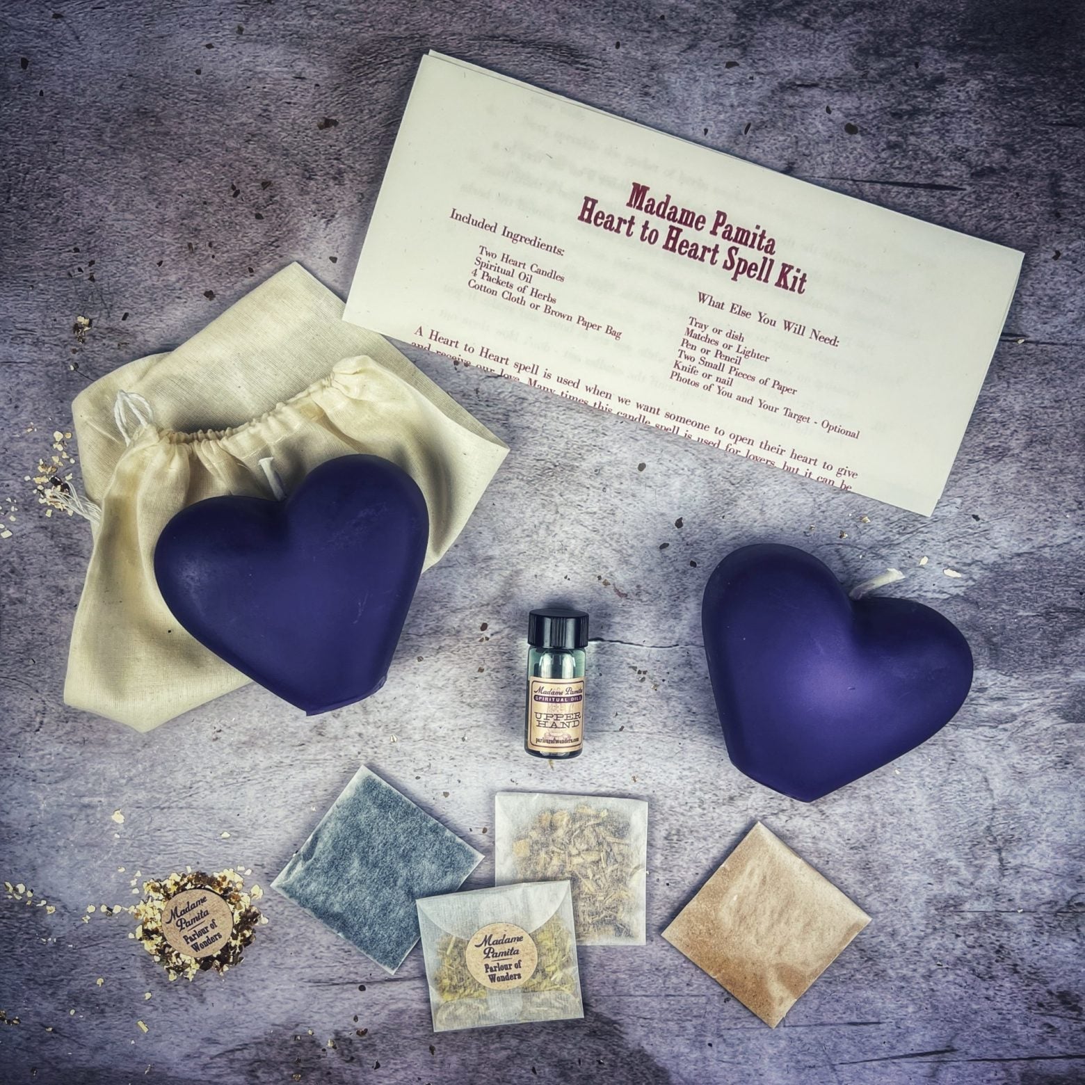Red Heart to Heart Candle Spell Kit by Parlour of Wonders for love connection and reconciliation magic with candles and ritual tools.