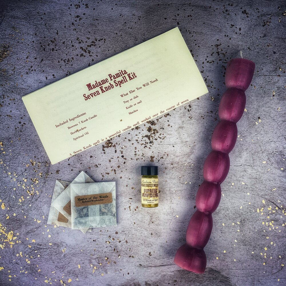 Red Passion Seven Knob Candle Spell Kit by Parlour of Wonders, includes candles for seven-day manifestation magic.