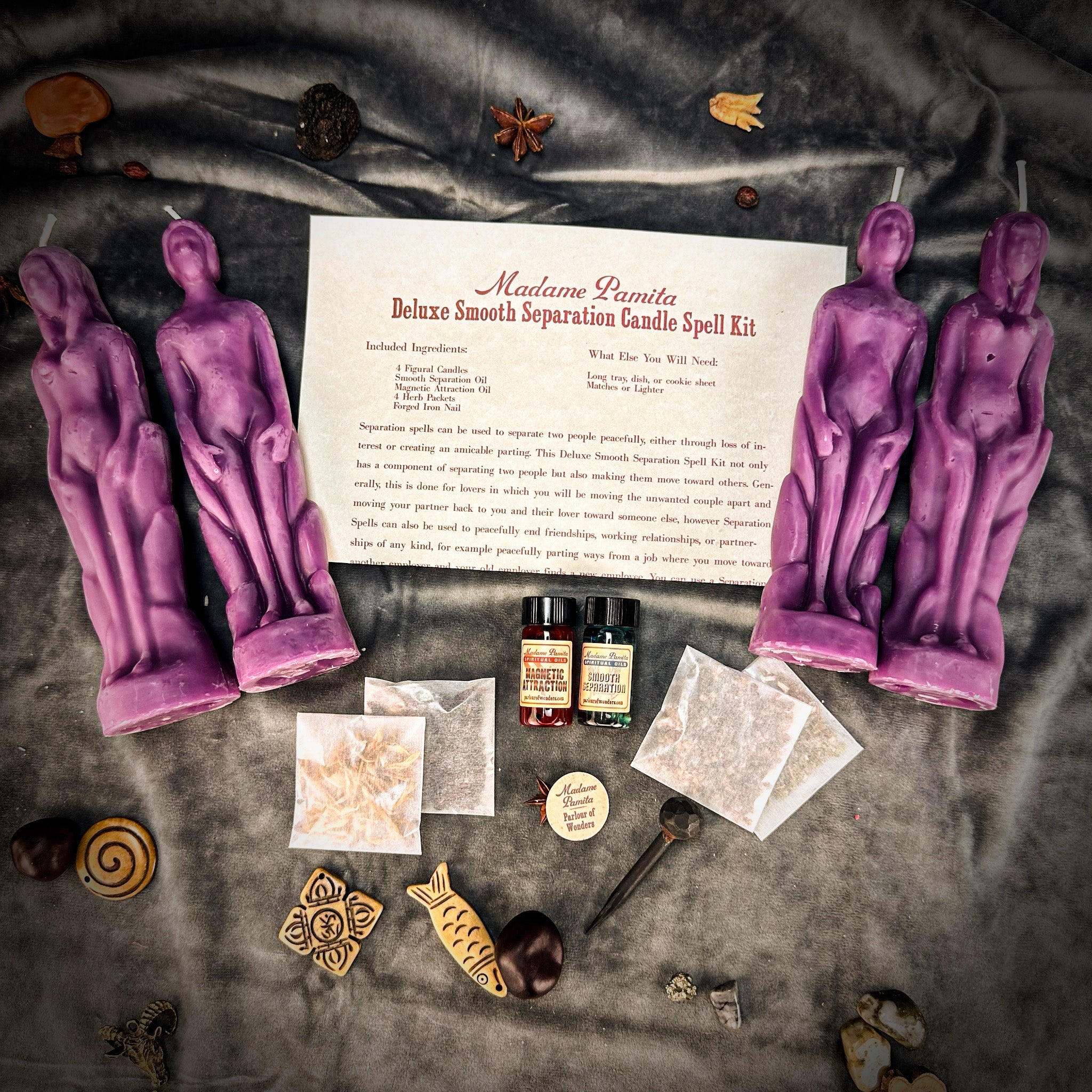 Deluxe Smooth Separation Candle Spell Kit by Parlour of Wonders featuring a red candle for peaceful parting and love direction.