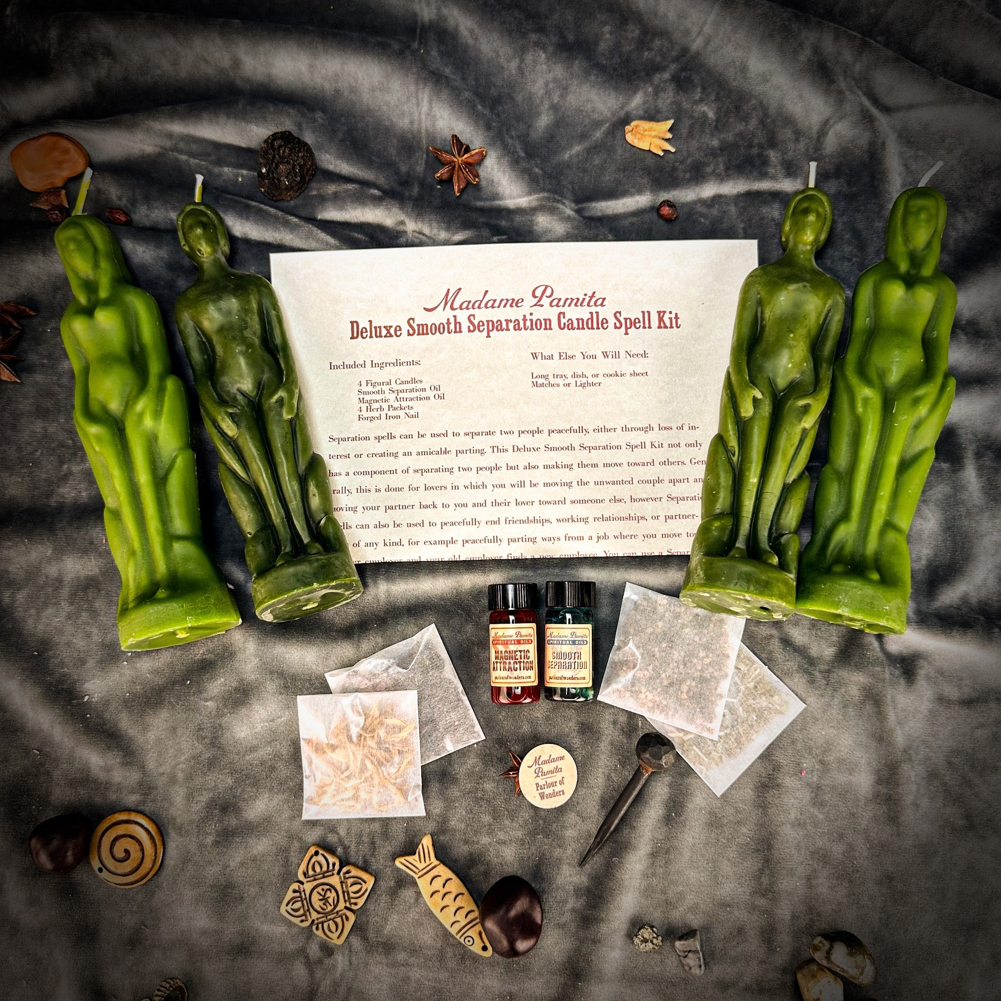 Deluxe Smooth Separation Candle Spell Kit by Parlour of Wonders featuring red candles for peaceful parting and love direction.