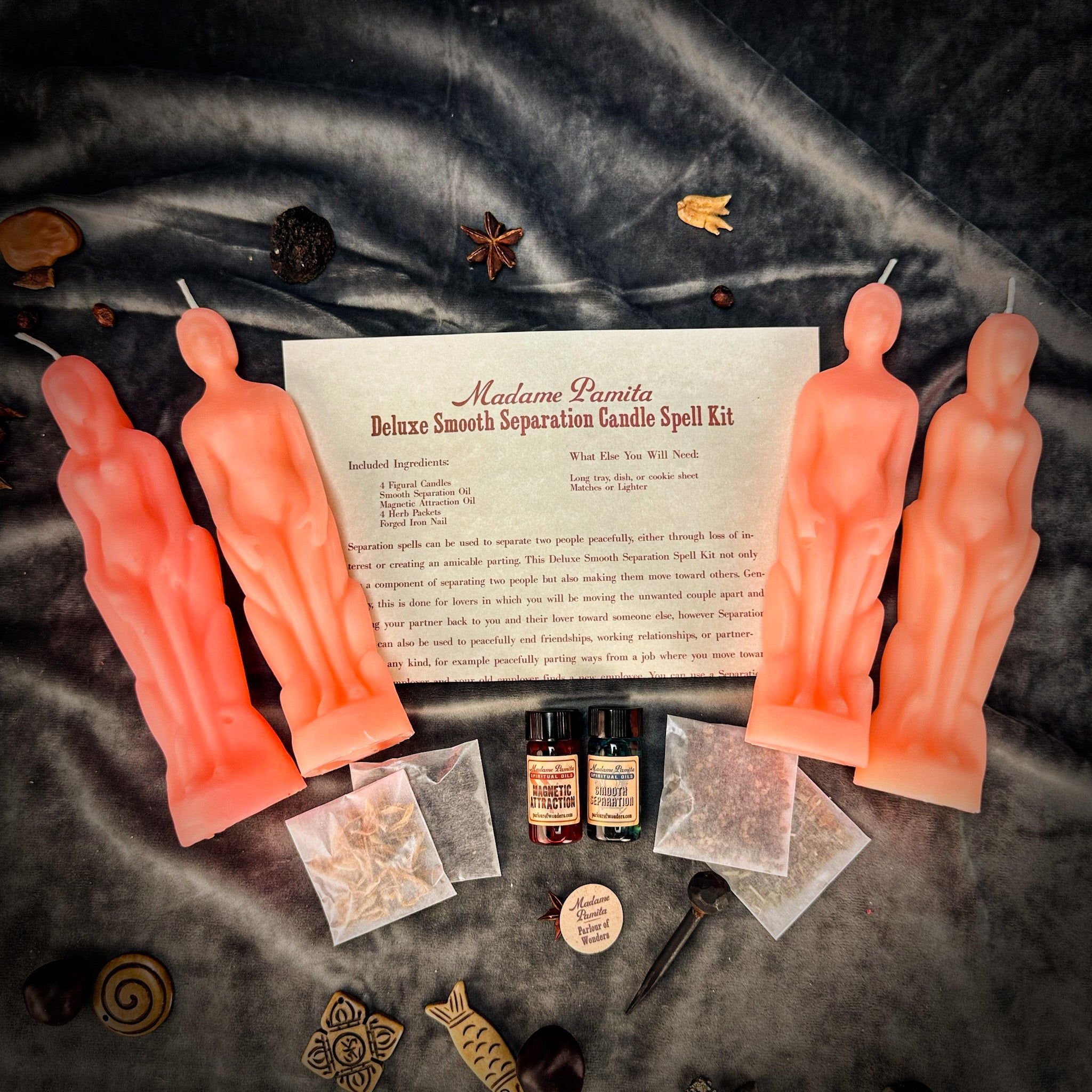 Deluxe Smooth Separation Candle Spell Kit by Parlour of Wonders with red candles and ritual tools for peaceful parting and love guidance.