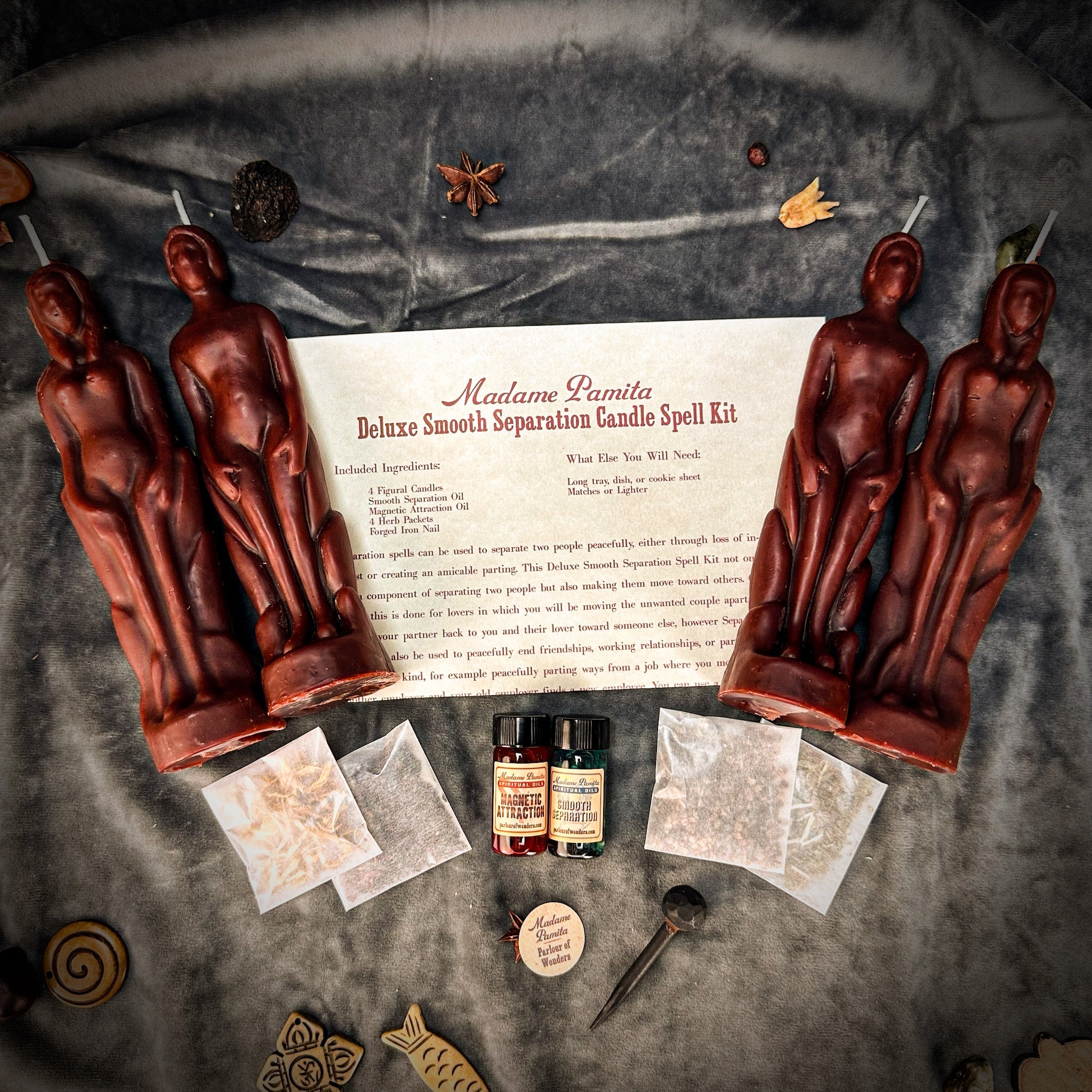 Deluxe Smooth Separation Candle Spell Kit by Parlour of Wonders featuring a red candle for peaceful parting and love direction.
