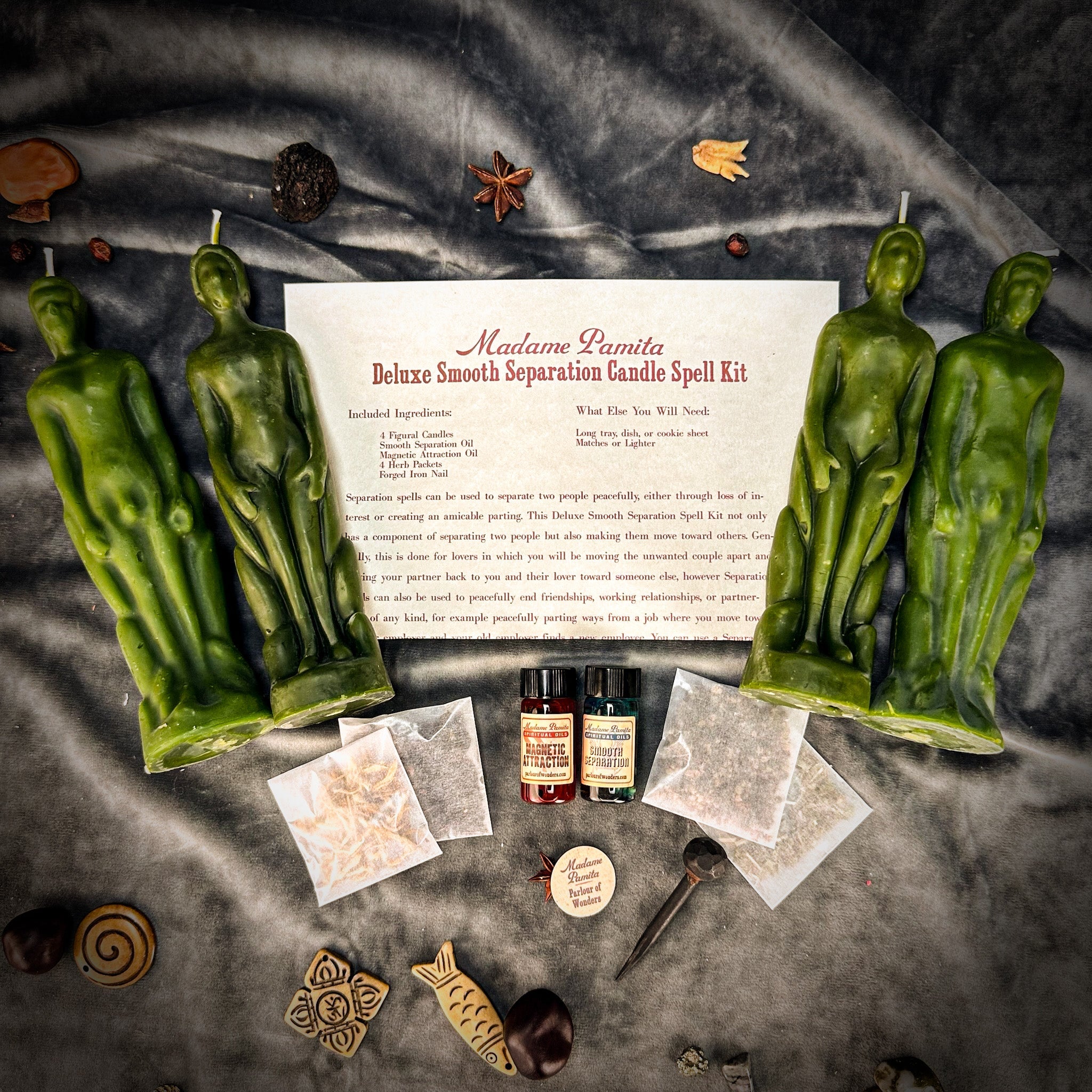 Deluxe Smooth Separation Candle Spell Kit by Parlour of Wonders featuring red candles for peaceful parting and love direction.