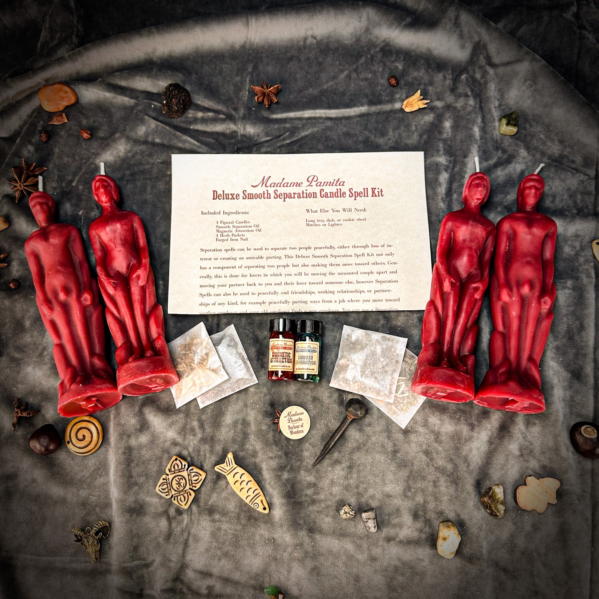 Deluxe Smooth Separation Candle Spell Kit by Parlour of Wonders, includes red candles for peaceful parting and love direction.