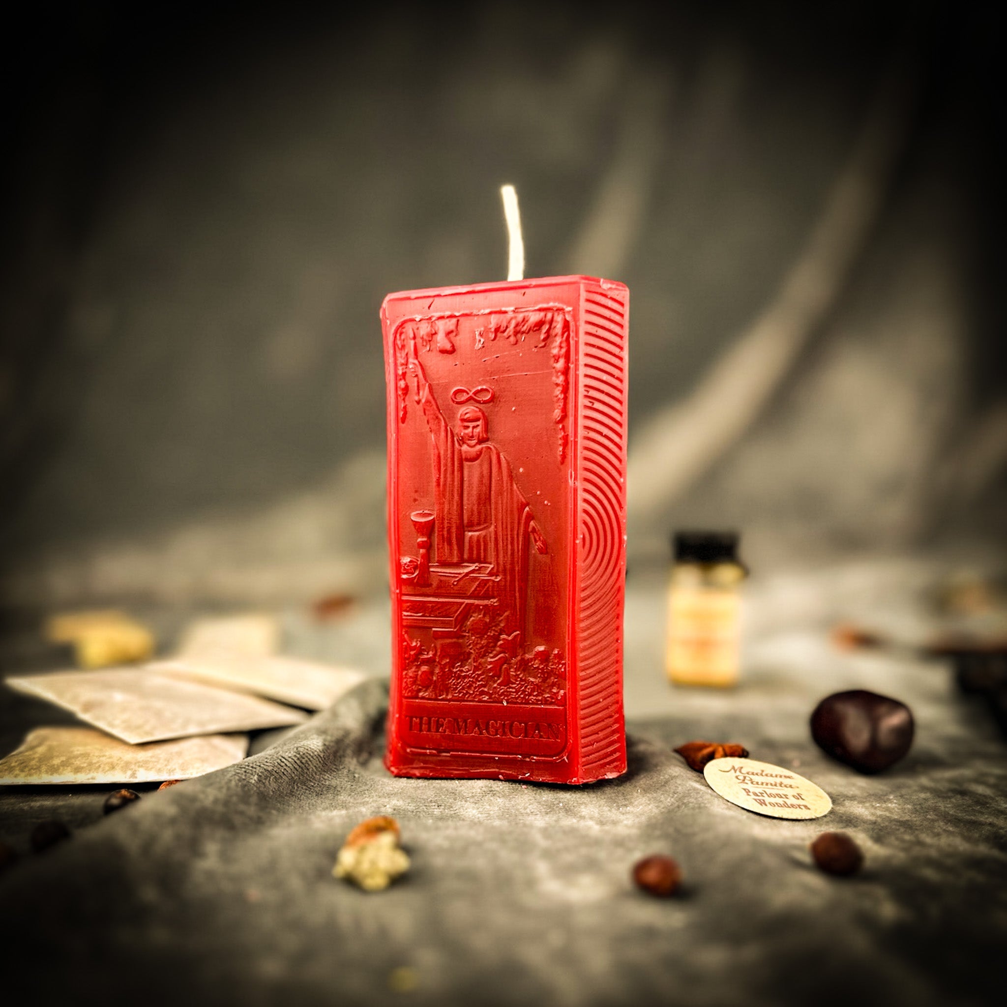 Red Candle Spell Kit for manifestation and willpower magic by Parlour of Wonders, featuring candles and ritual tools for spellwork.