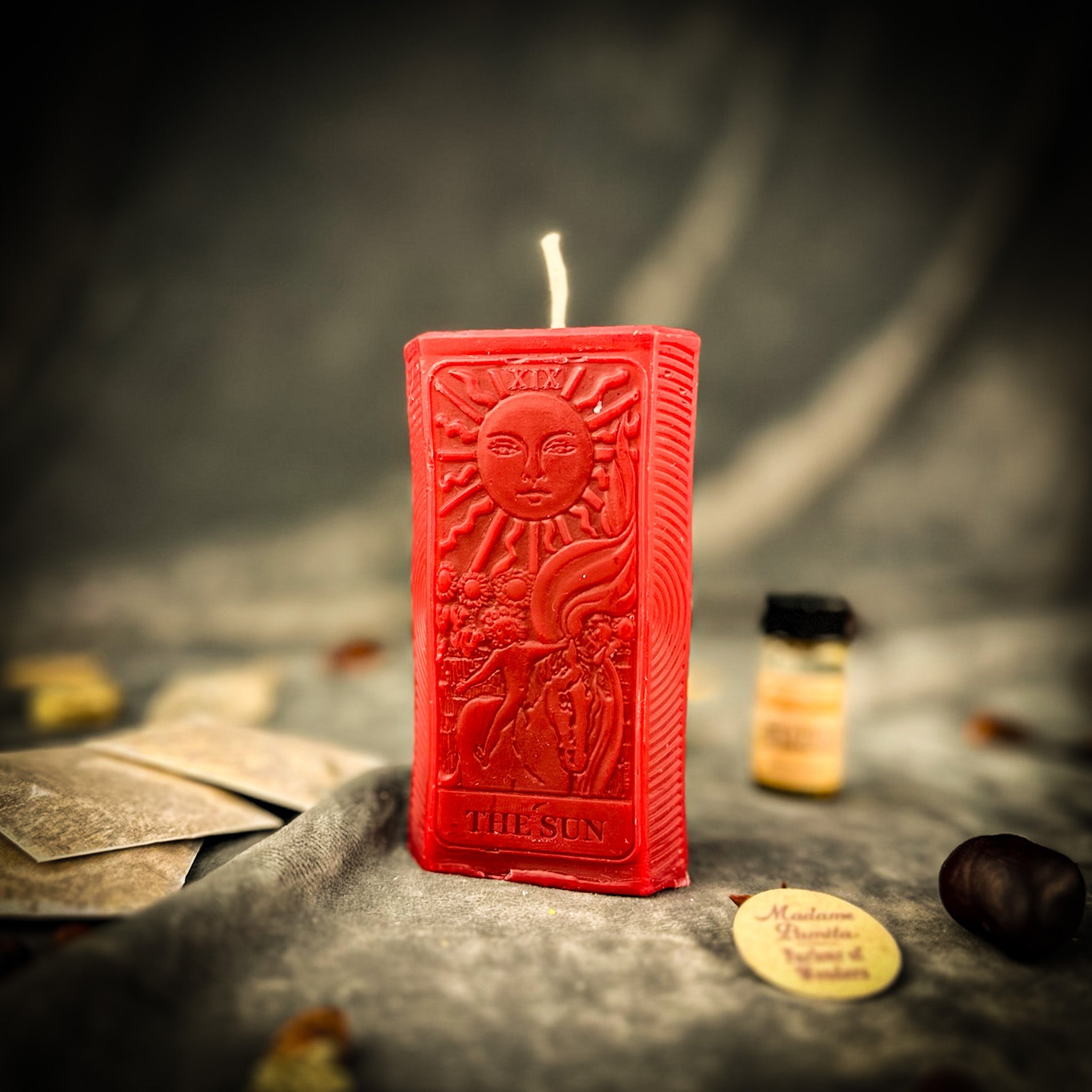 Red candle spell kit from Parlour of Wonders for joy and success magic, featuring candles and ritual tools for positive energy.
