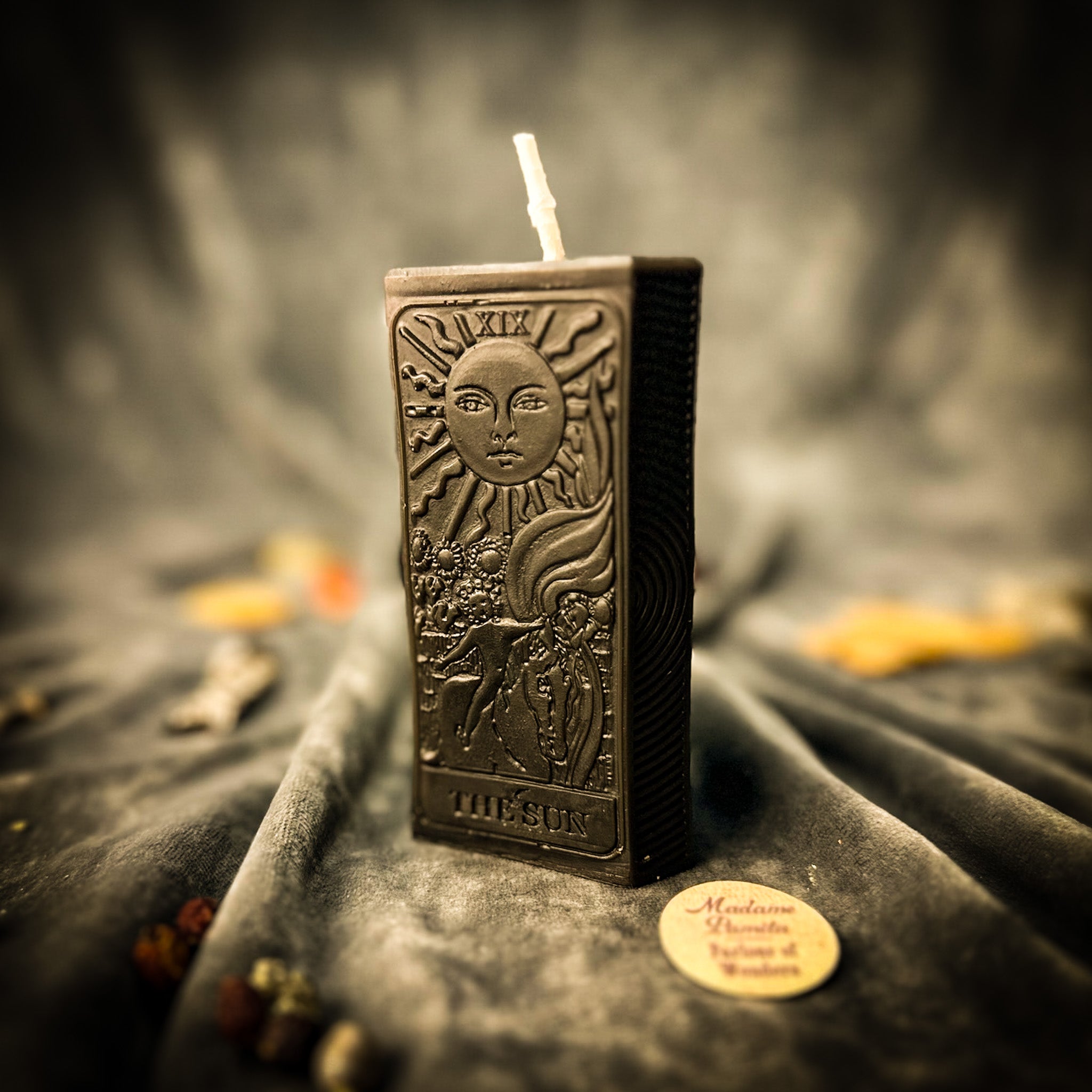 Red candle spell kit from Parlour of Wonders with joy and success magic symbols, part of The Sun Candle Spell Kit for positive energy.
