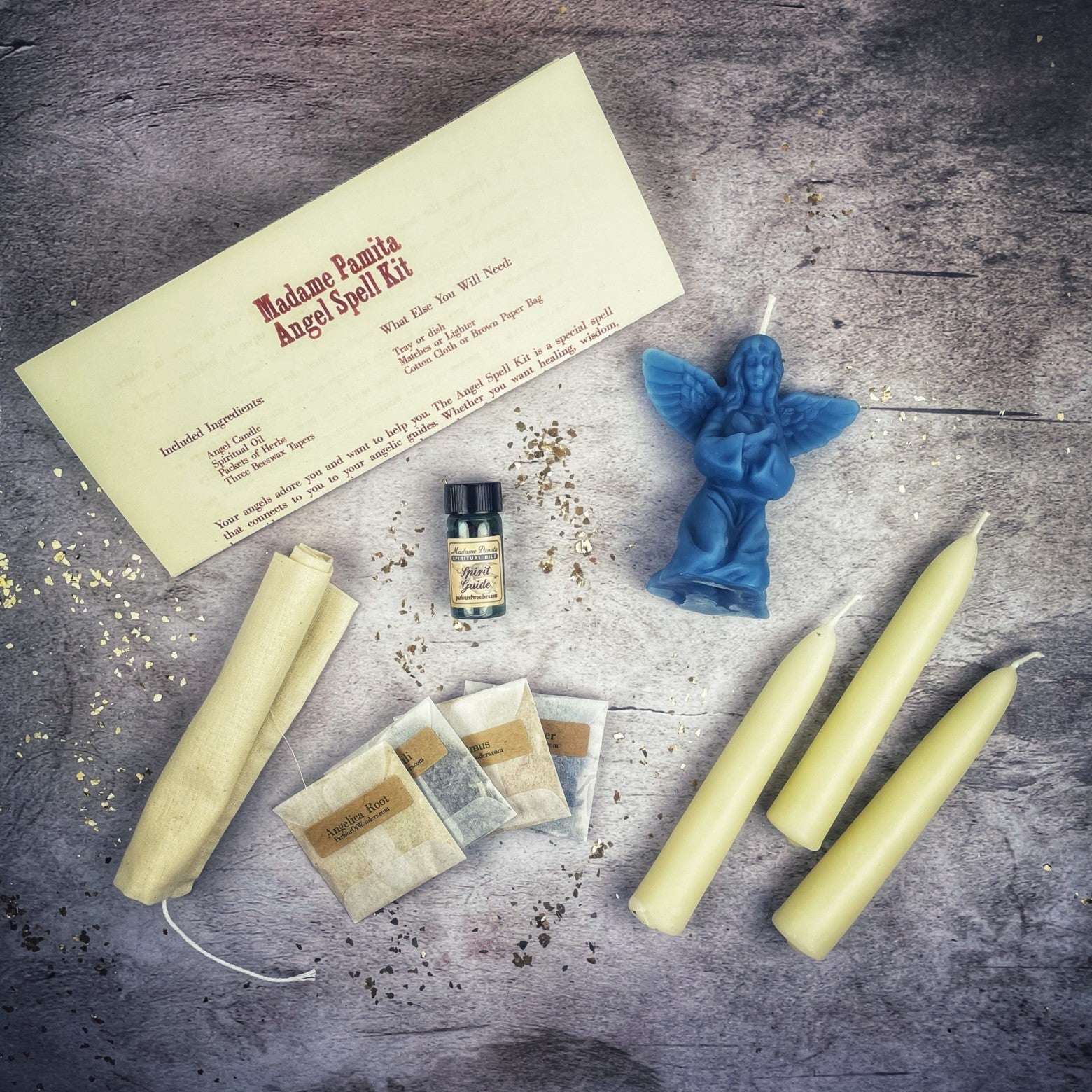Red Angel Candle Spell Kit by Parlour of Wonders with candles, crystals, and spiritual tools for connecting with spirit guides.