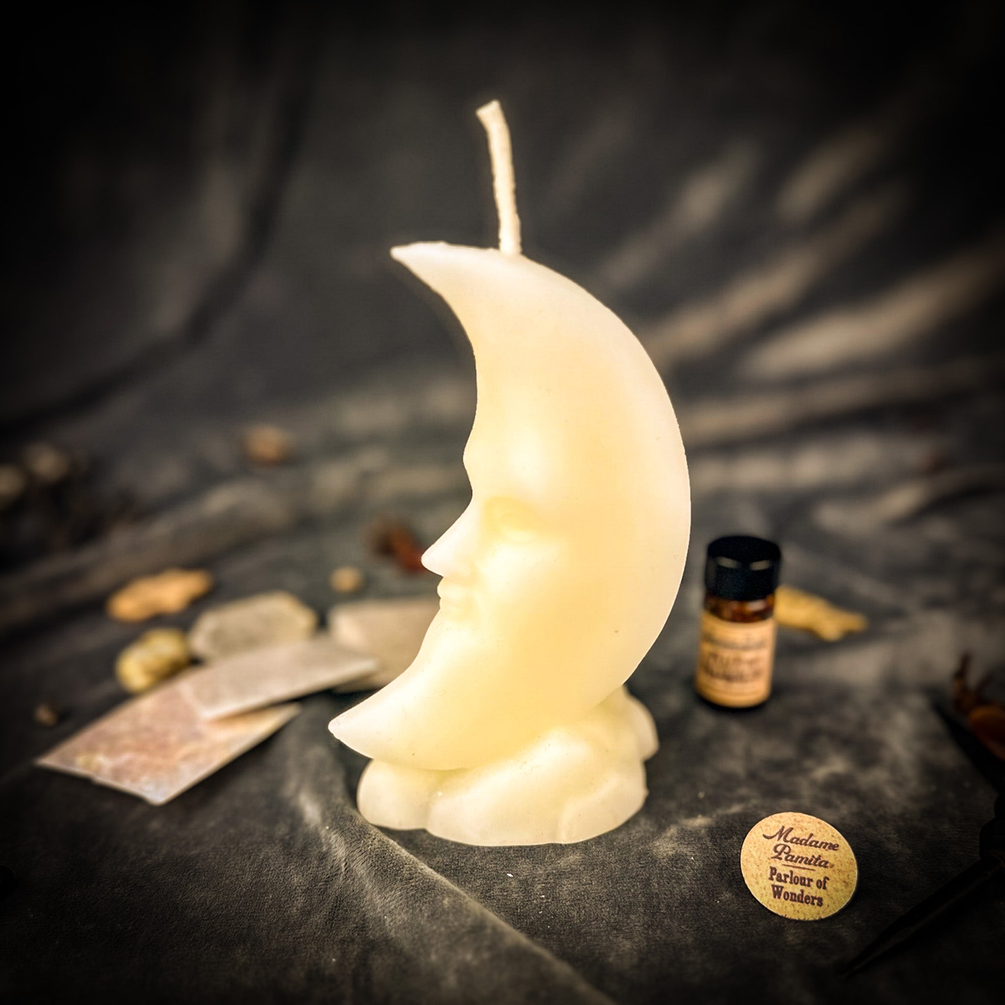 Crescent Moon Candle Spell Kit from Parlour of Wonders with white candles and lunar magic tools for manifestation and blessing.