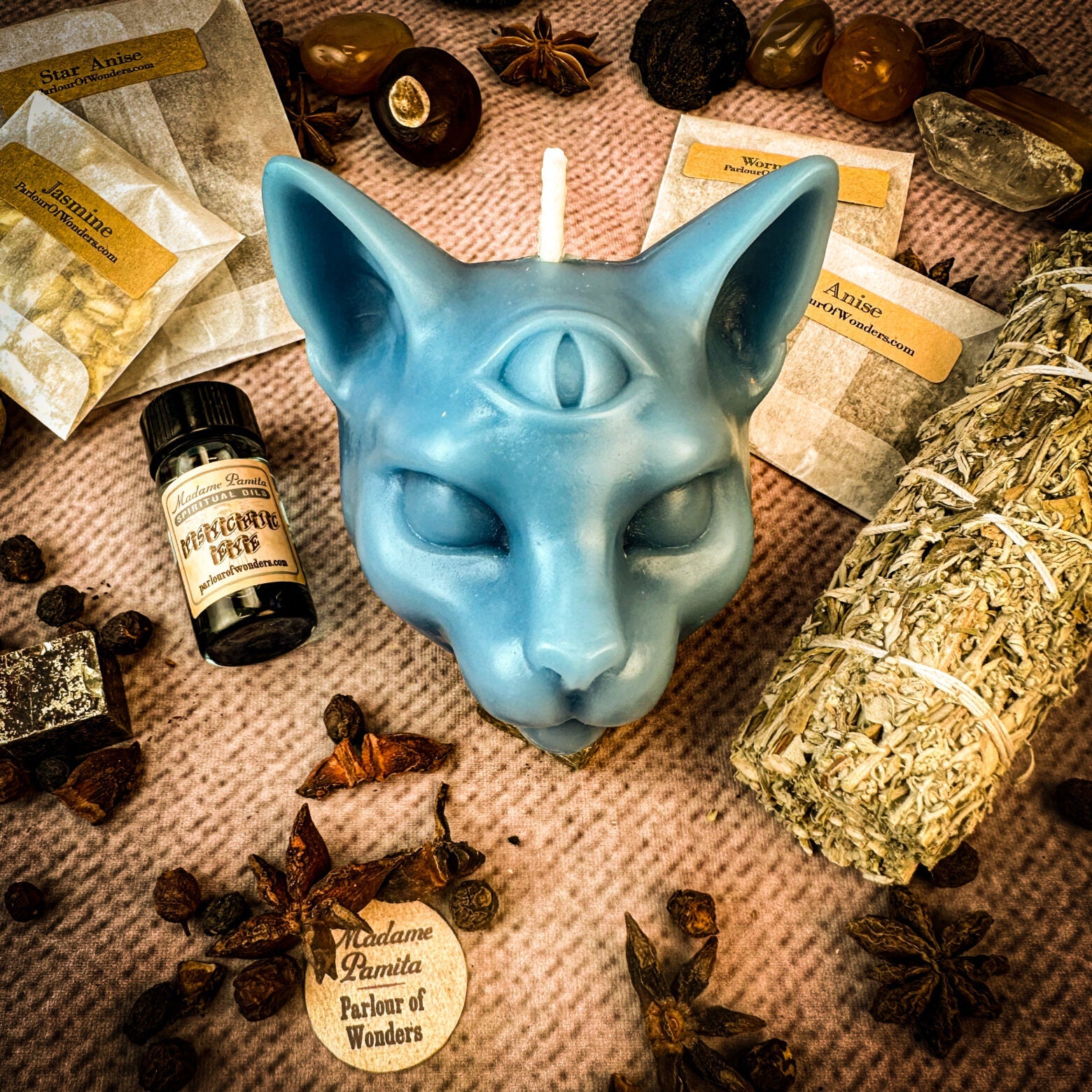 Parlour of Wonders Psychic Eye Candle Spell Kit with yellow candle for enhancing intuition and psychic abilities.