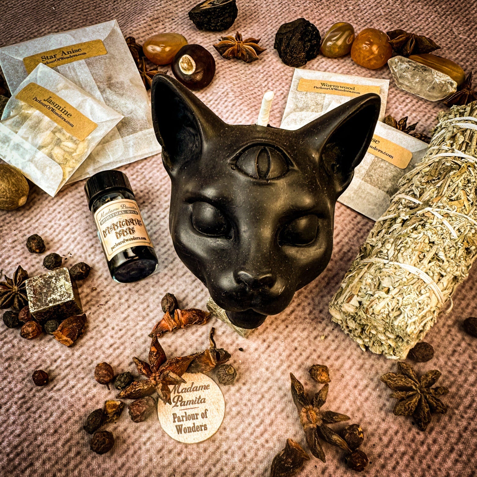 Parlour of Wonders Psychic Eye Candle Spell Kit featuring yellow candles for intuition and psychic abilities, including spiritual symbols.