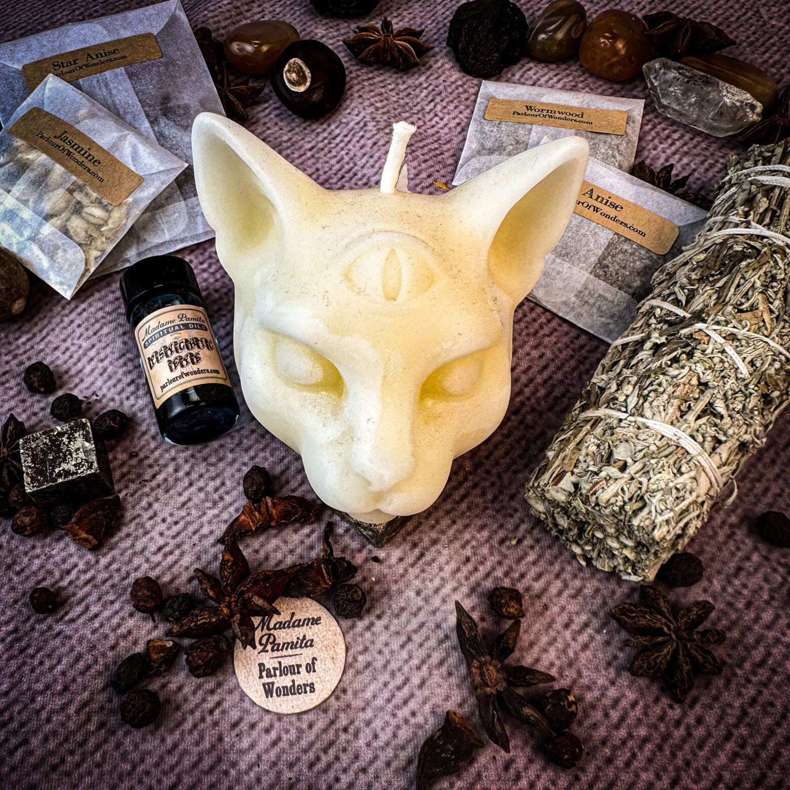 Parlour of Wonders Psychic Eye Candle Spell Kit with yellow candles for enhancing intuition and psychic abilities.