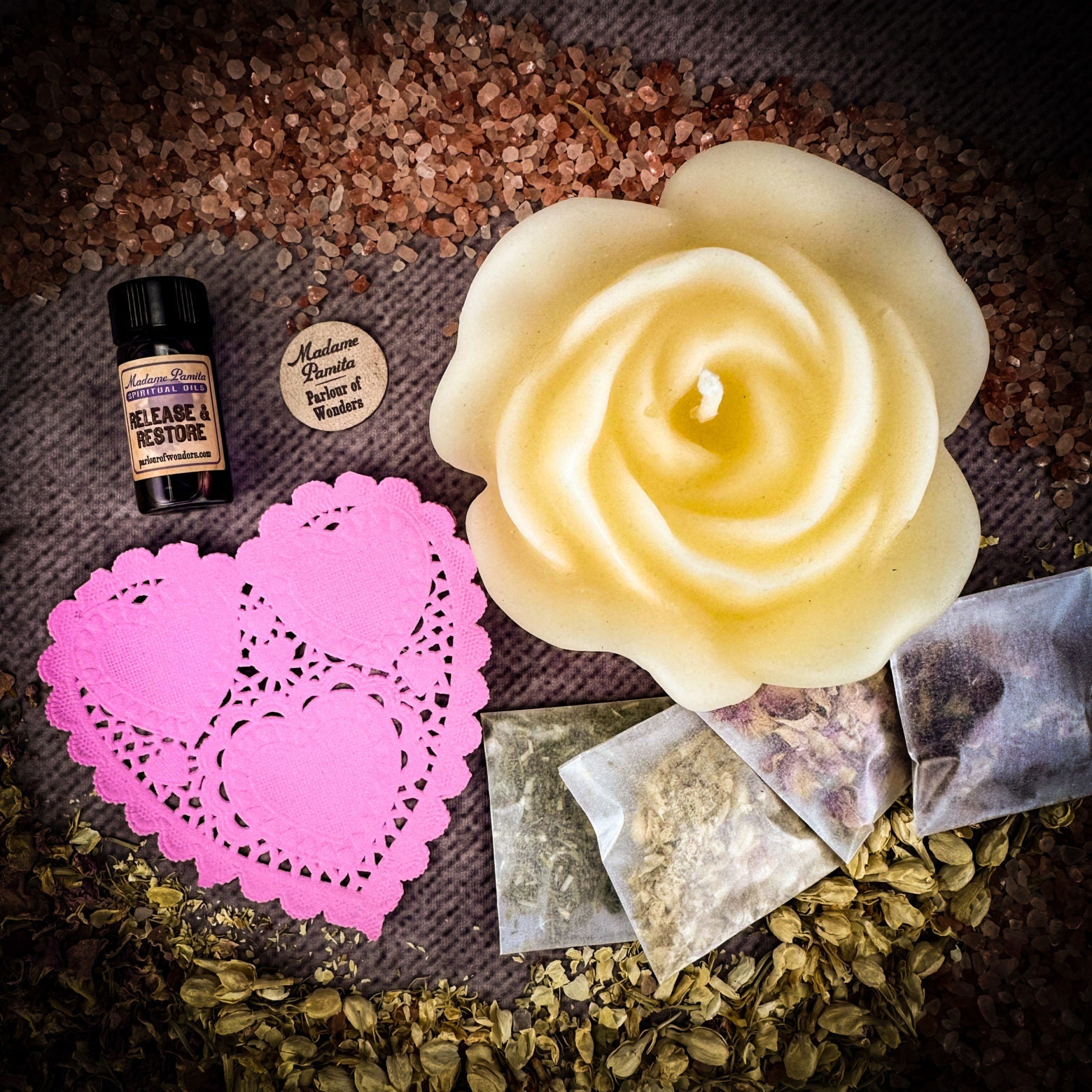 Rose Romance Candle Spell Kit by Parlour of Wonders, featuring yellow candles and romantic elements for love spells.