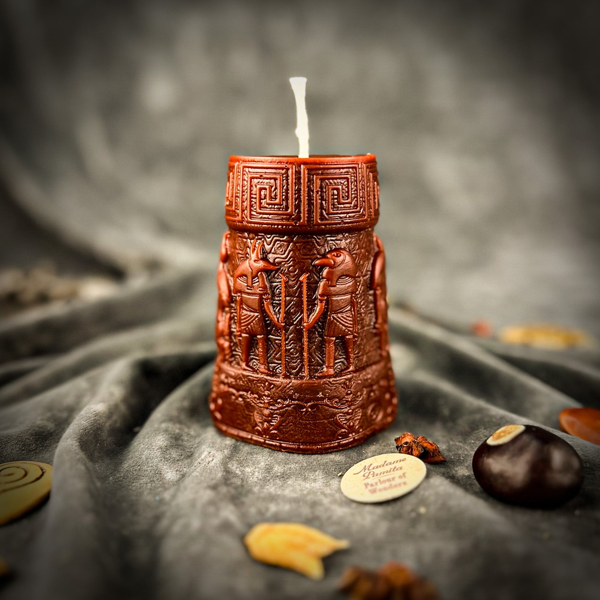 Parlour of Wonders Egyptian Candle Spell Kit with yellow Anubis and Horus pillar candles for protection and divine guidance.
