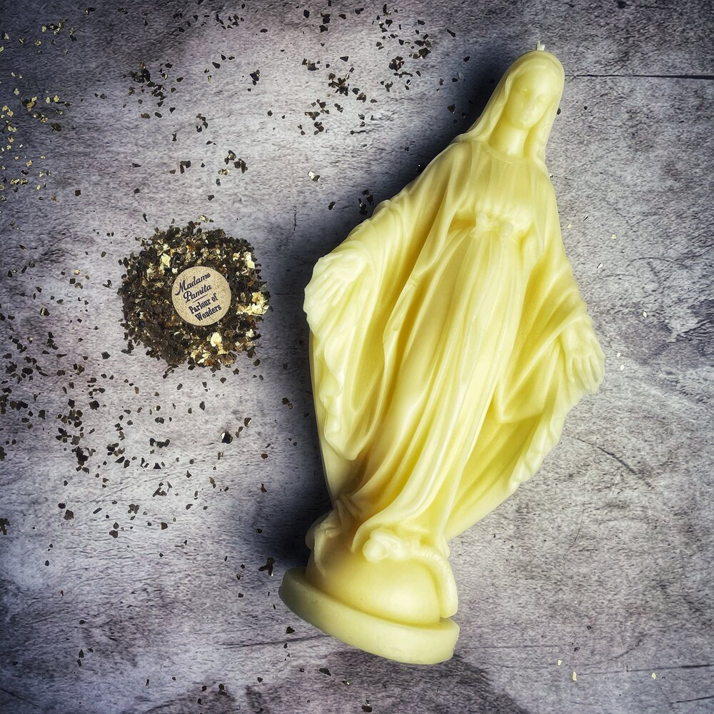 Parlour of Wonders Queen of Heaven Candle Spell Kit featuring yellow candle, divine symbols, and spiritual tools for love magic.