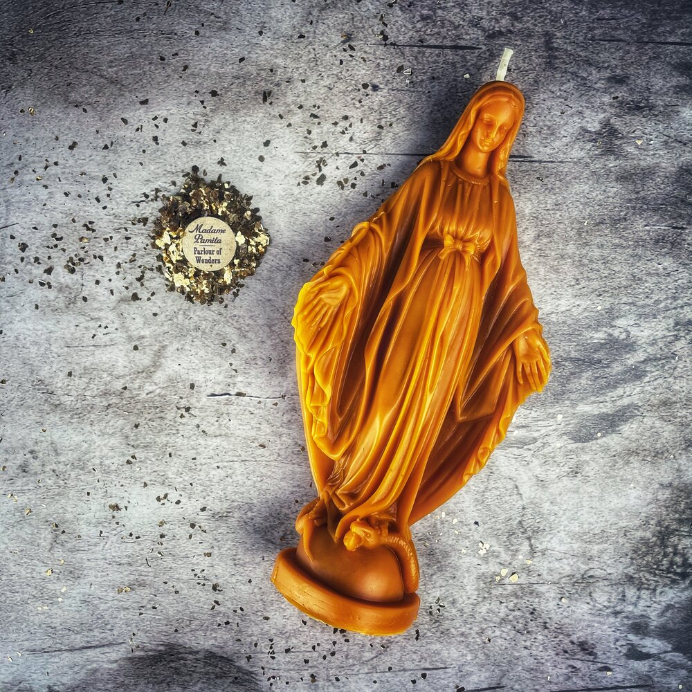 Queen of Heaven Candle Spell Kit by Parlour of Wonders, featuring yellow candles for divine mother and unconditional love magic.