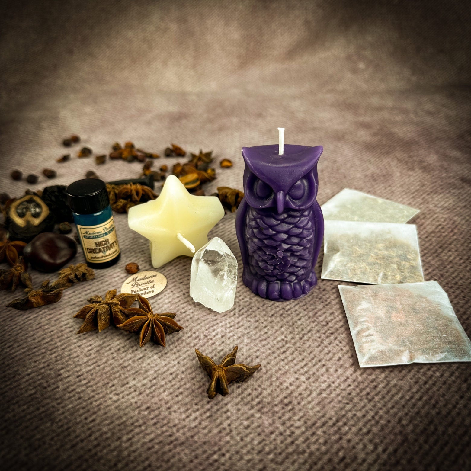 Parlour of Wonders Wise Owl Wishing Star Candle Spell Kit with yellow candles for wisdom and success magic.