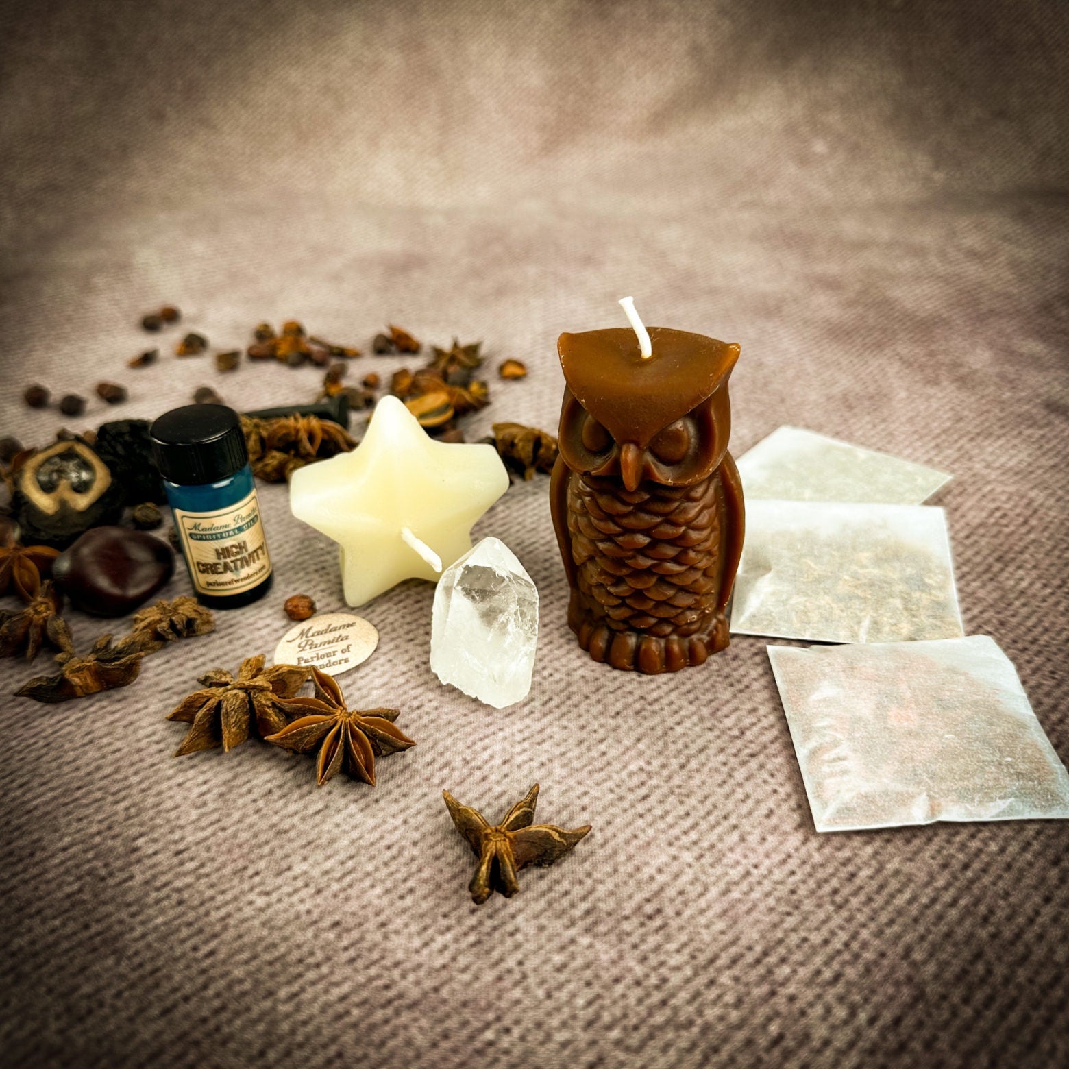 Wise Owl Wishing Star Candle Spell Kit by Parlour of Wonders, featuring candles and tools for wisdom and success spells.