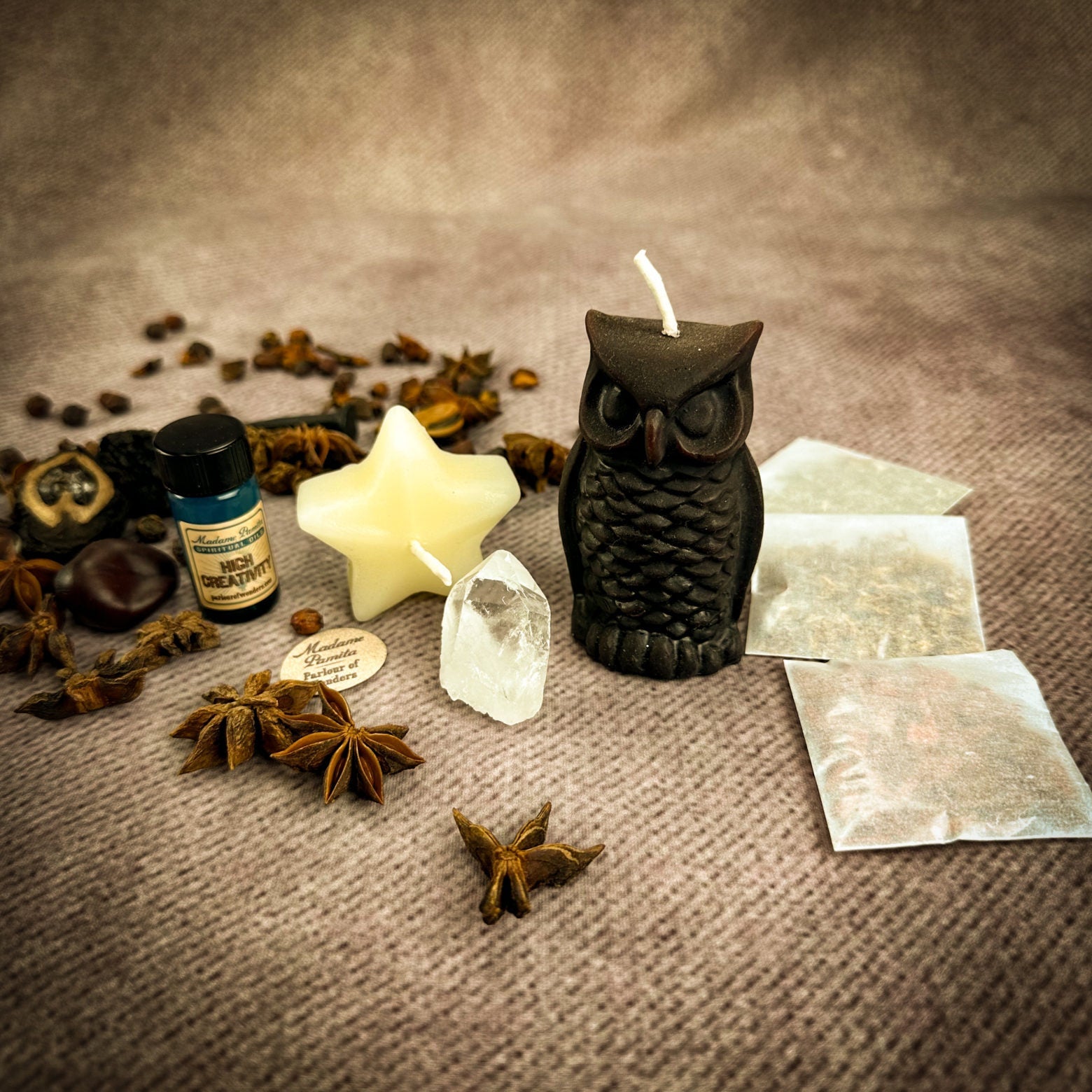 Wise Owl Wishing Star Candle Spell Kit by Parlour of Wonders featuring a yellow candle and star for wisdom and success spells