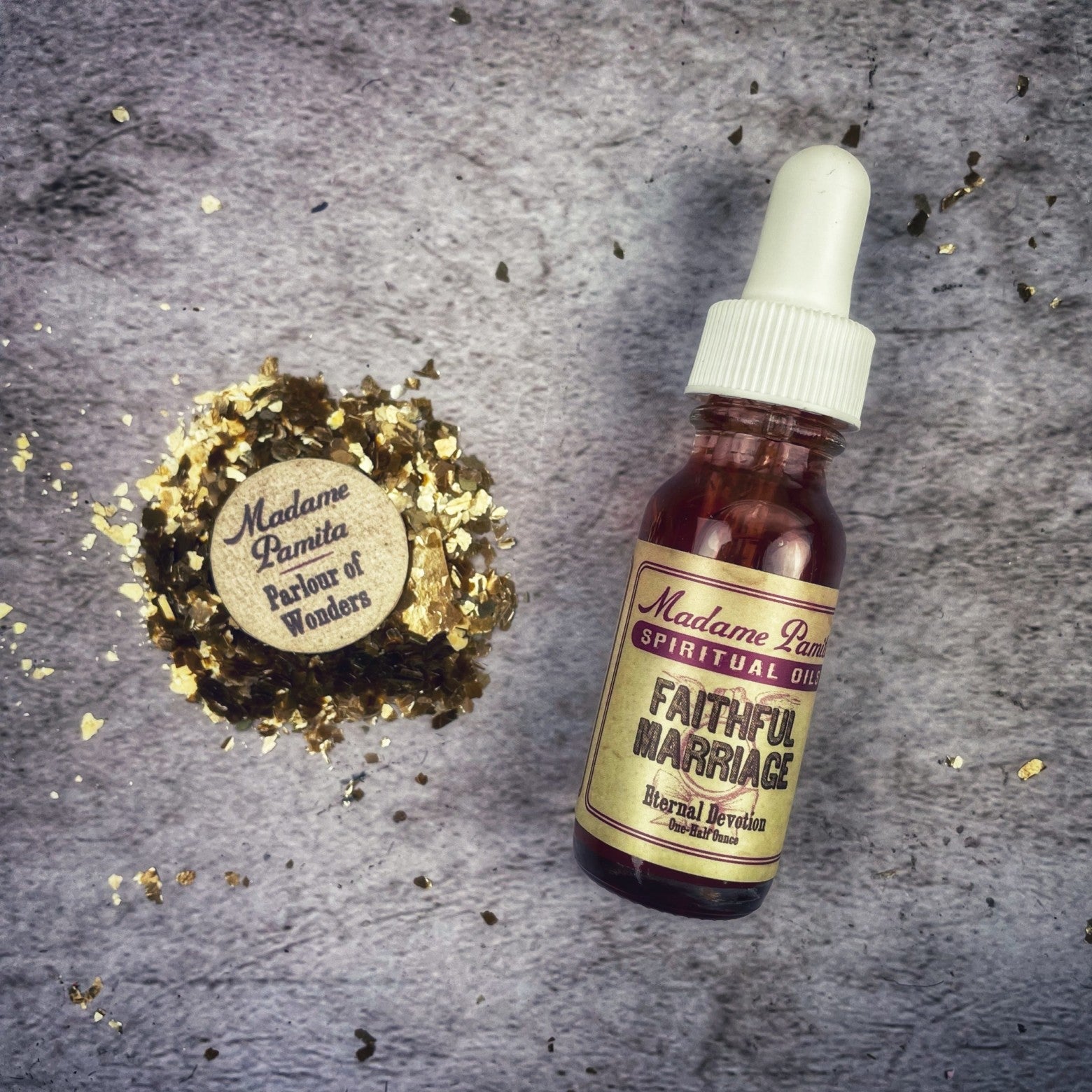 Bottle of Faithful Marriage Oil by Madame Pamita from Parlour of Wonders, featuring a decorative label and dark glass container.