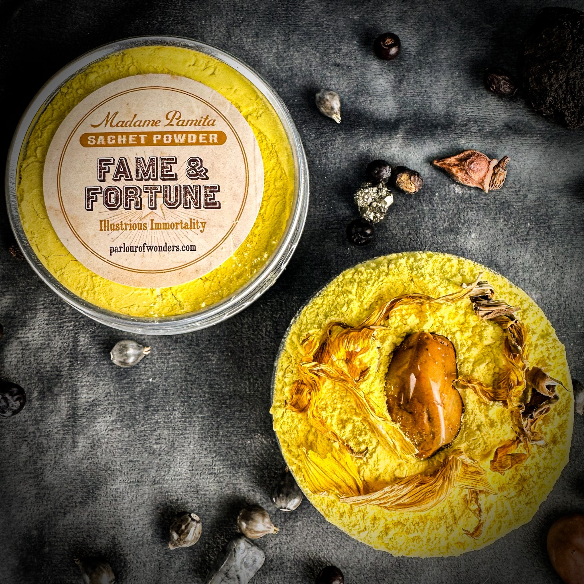 Fame and Fortune Sachet Powder by Madame Pamita from Parlour of Wonders, featuring a small packet of mystical powder for spiritual use.