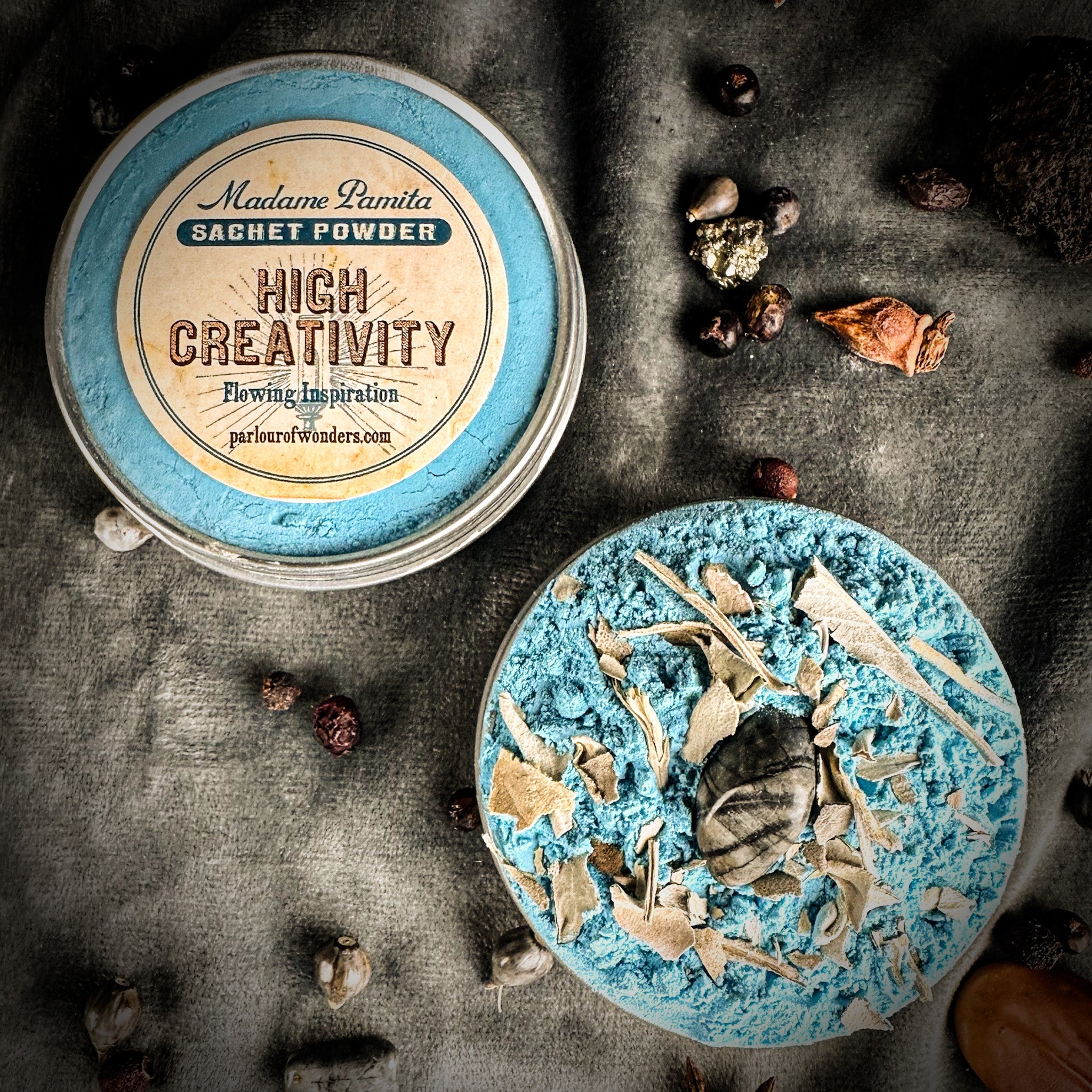 High Creativity Sachet Powder by Madame Pamita from Parlour of Wonders, featuring a small bag of spiritual or magical powder.