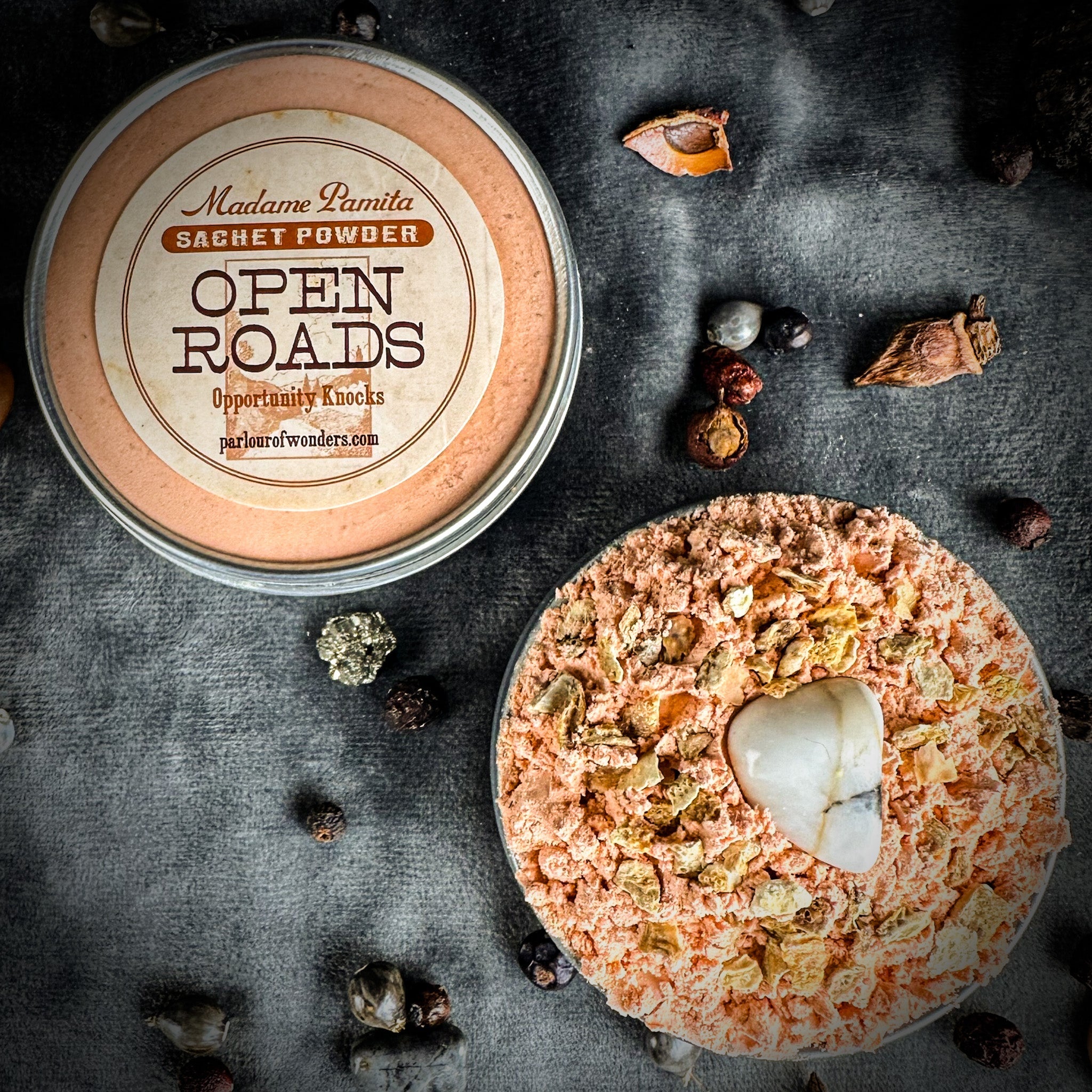 Open Roads Sachet Powder by Madame Pamita in a small sachet with natural herbs and ingredients, used for spiritual or ritual purposes.