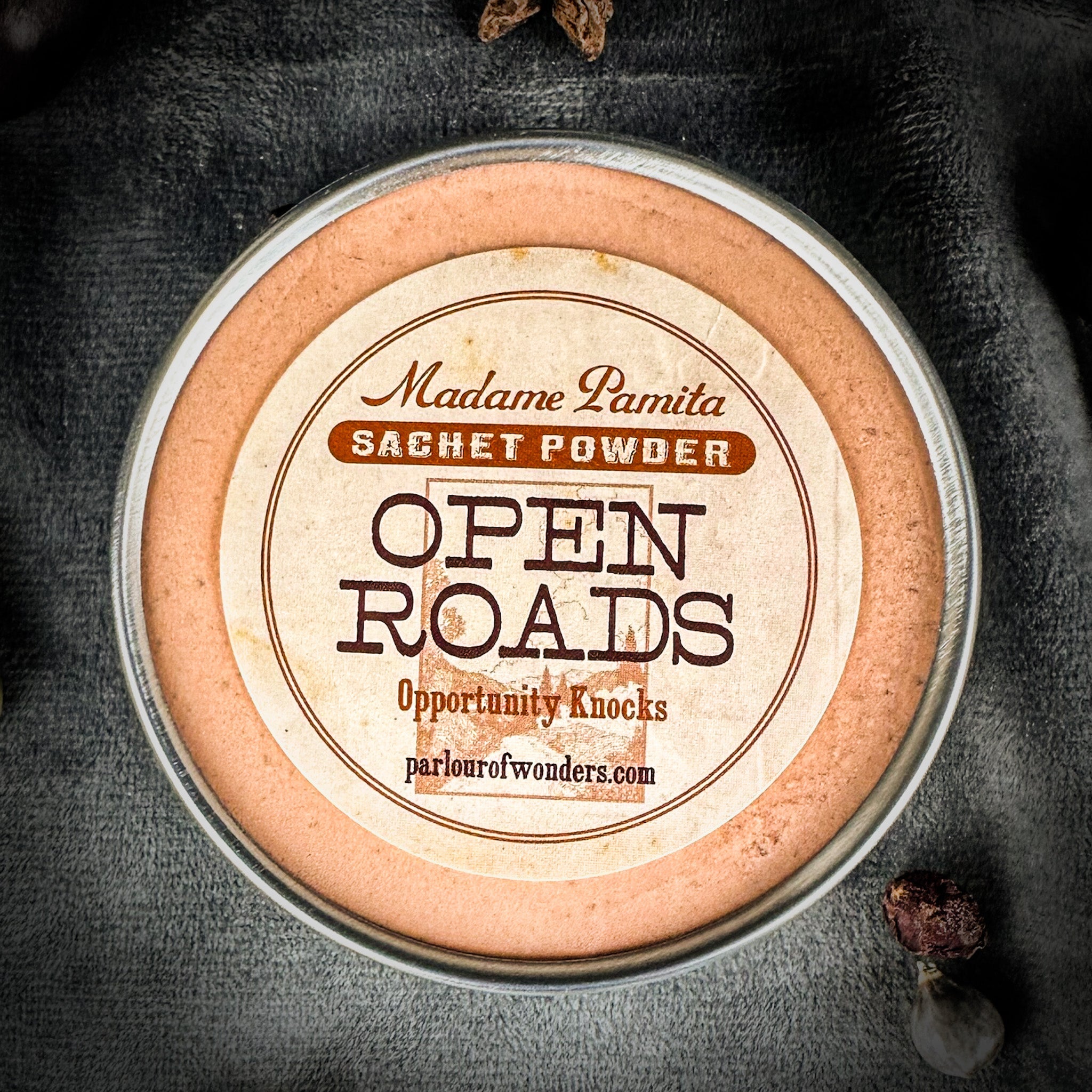 Open Roads Sachet Powder by Madame Pamita, a natural herbal blend in a small sachet for spiritual or ritual use.