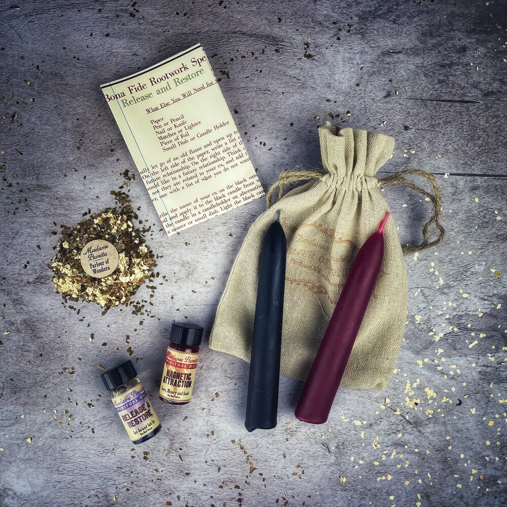 Release and Restore Spell Kit by Parlour of Wonders, featuring mystical tools and ingredients in a decorative box for magical rituals.