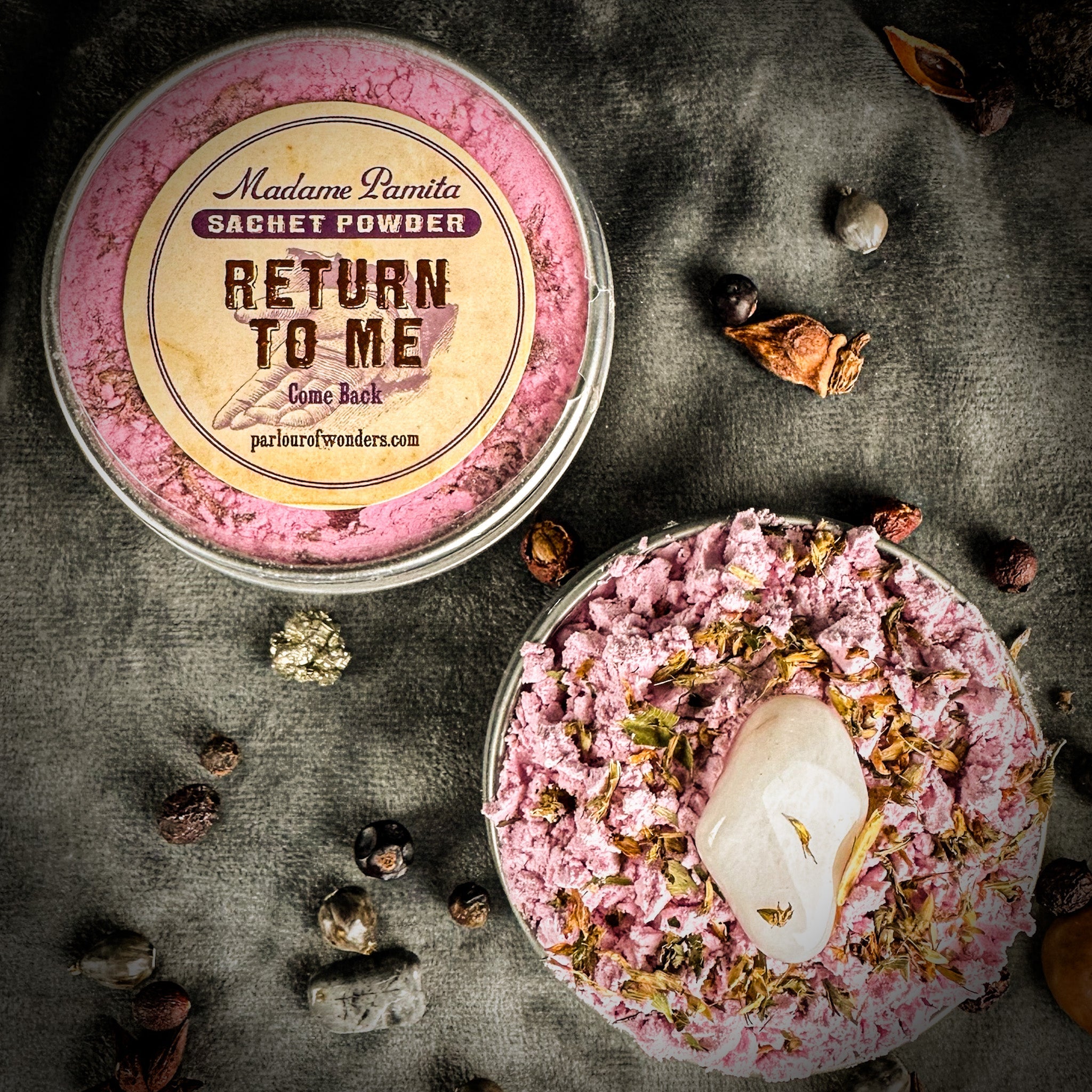 Return to Me Sachet Powder by Madame Pamita from Parlour of Wonders, a mystical herbal sachet for spiritual cleansing.