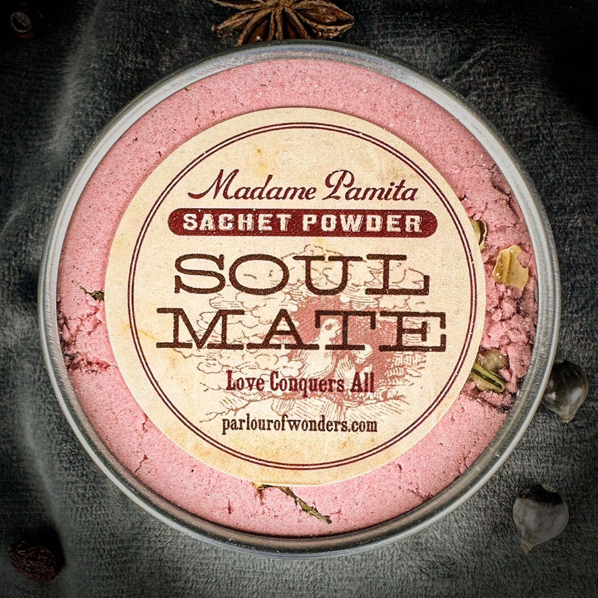 Soul Mate Sachet Powder by Madame Pamita from Parlour of Wonders, shown in a small, decorative sachet with herbal ingredients.