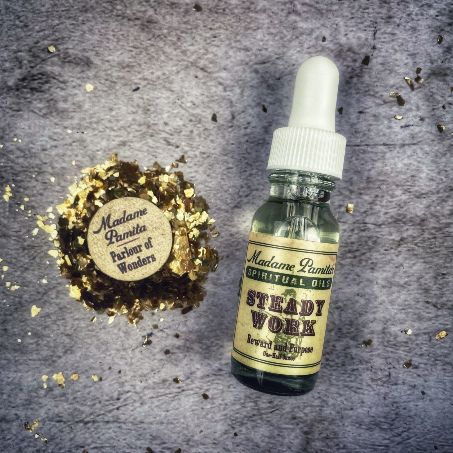 Bottle of Steady Work Oil by Madame Pamita from Parlour of Wonders, with label and dropper cap visible.