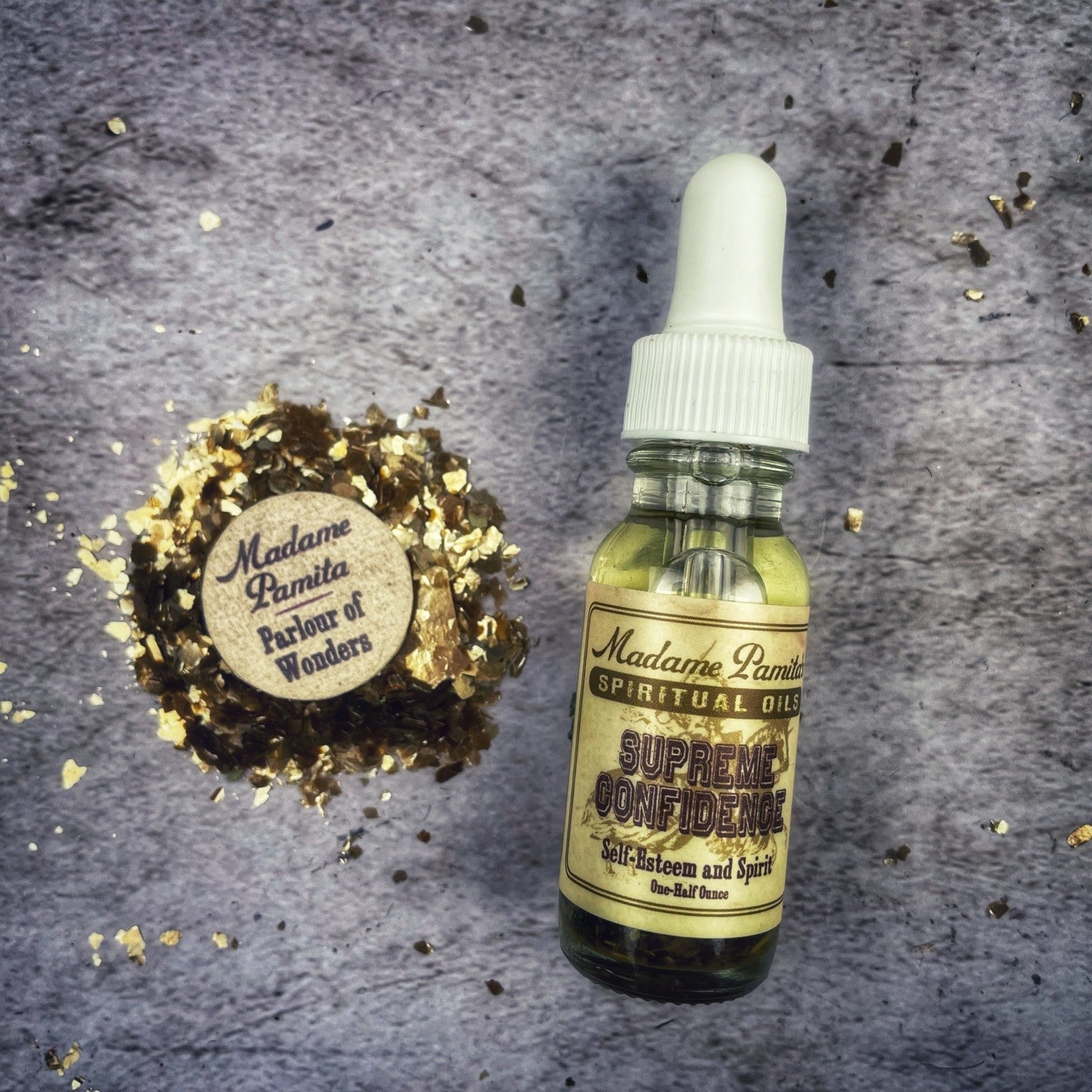 Supreme Confidence Oil by Madame Pamita from Parlour of Wonders, featuring a dark glass bottle with a dropper for confident energy.