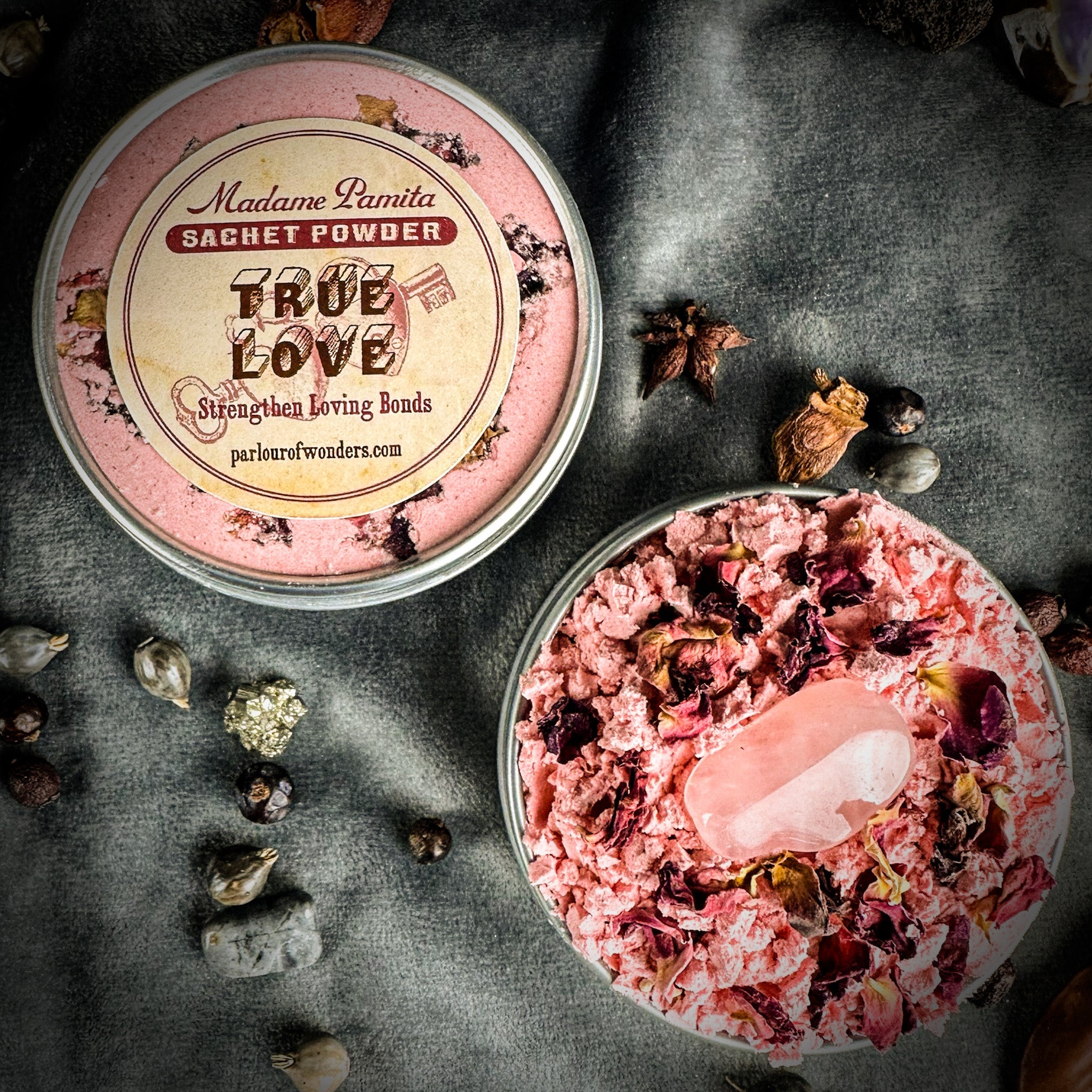 True Love Sachet Powder by Madame Pamita from Parlour of Wonders, displayed in a small, decorative sachet with herbal ingredients.